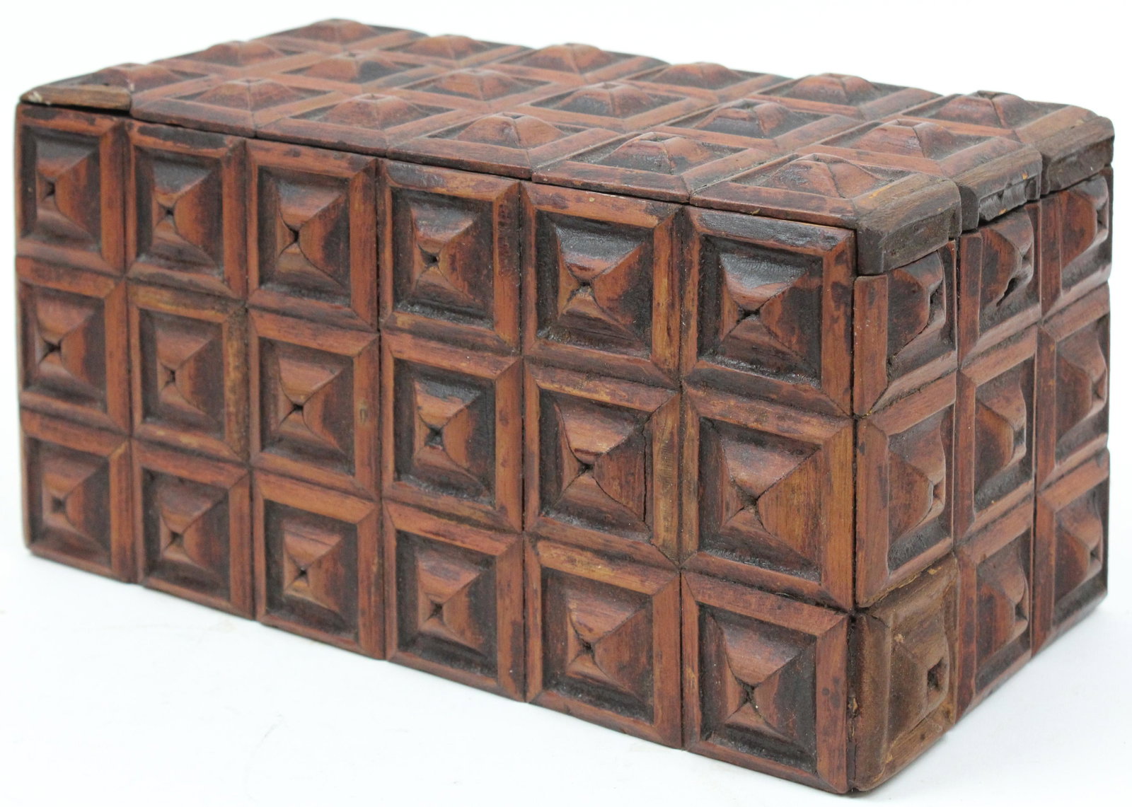 Tramp Art Slide Top Box: Tramp Art slide top box, small repair to lid, length 11 1/2"