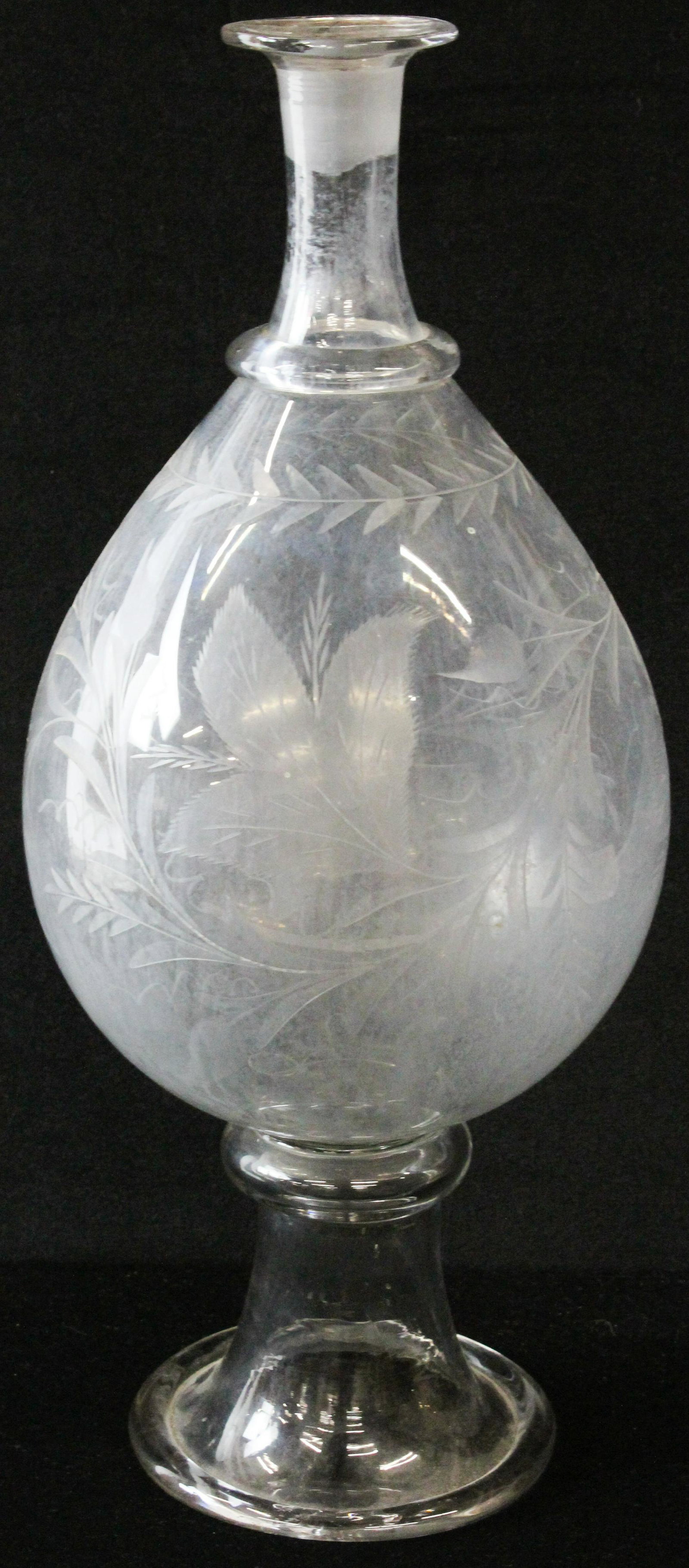 19th c Wheel Etched Apothecary Show Bottle: 19th c Wheel etched Apothecary show bottle, folded rim on applied lower foot, pontil, sans stopper, some interior staining, ht 20", sold to benefit the Vermont Historical Society