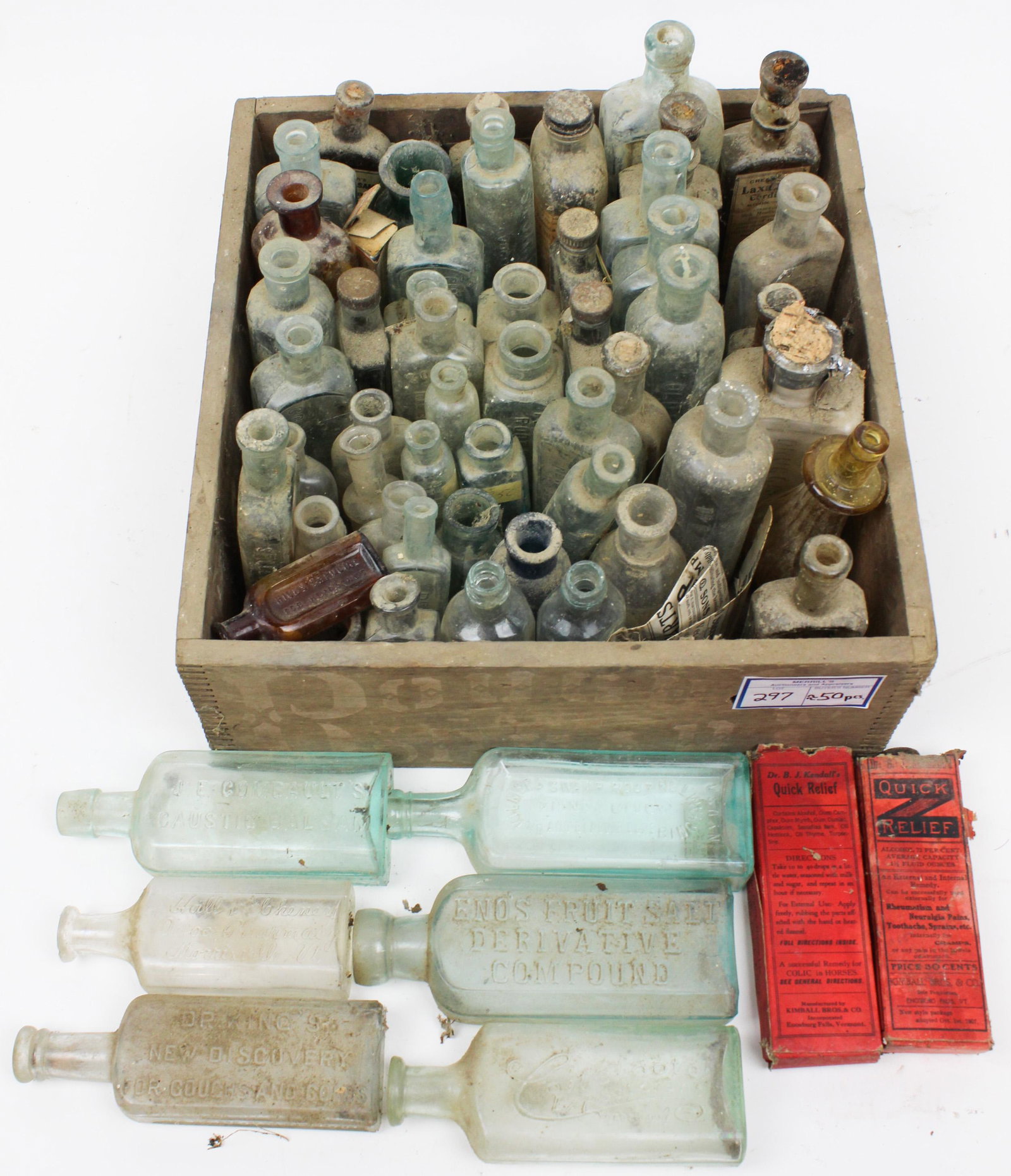 Ca 1900 Medicine Bottles: Ca 1900 medicine bottles (50 pcs), including some Vermont bottles, hts 3 1/4" to 7"