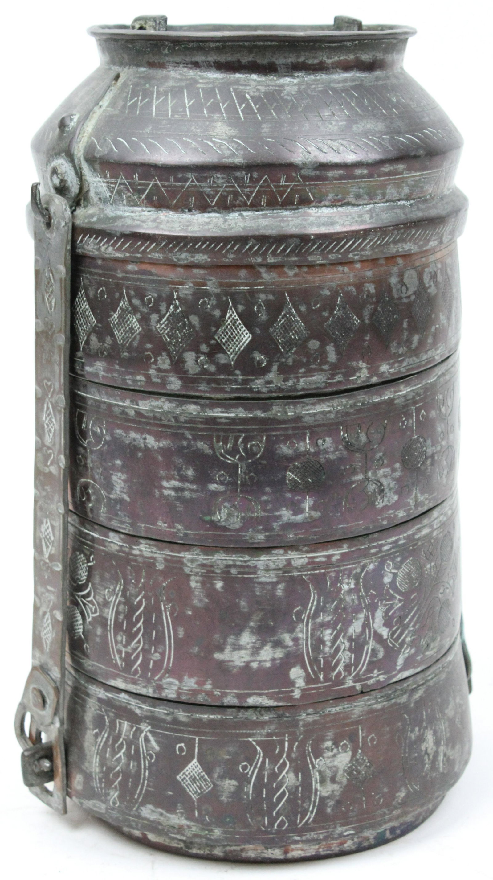 18th c Ottoman Turkish Lunch Box: 18th c Ottoman Turkish bronze and copper hand forged lunch box, ht 12 1/2"