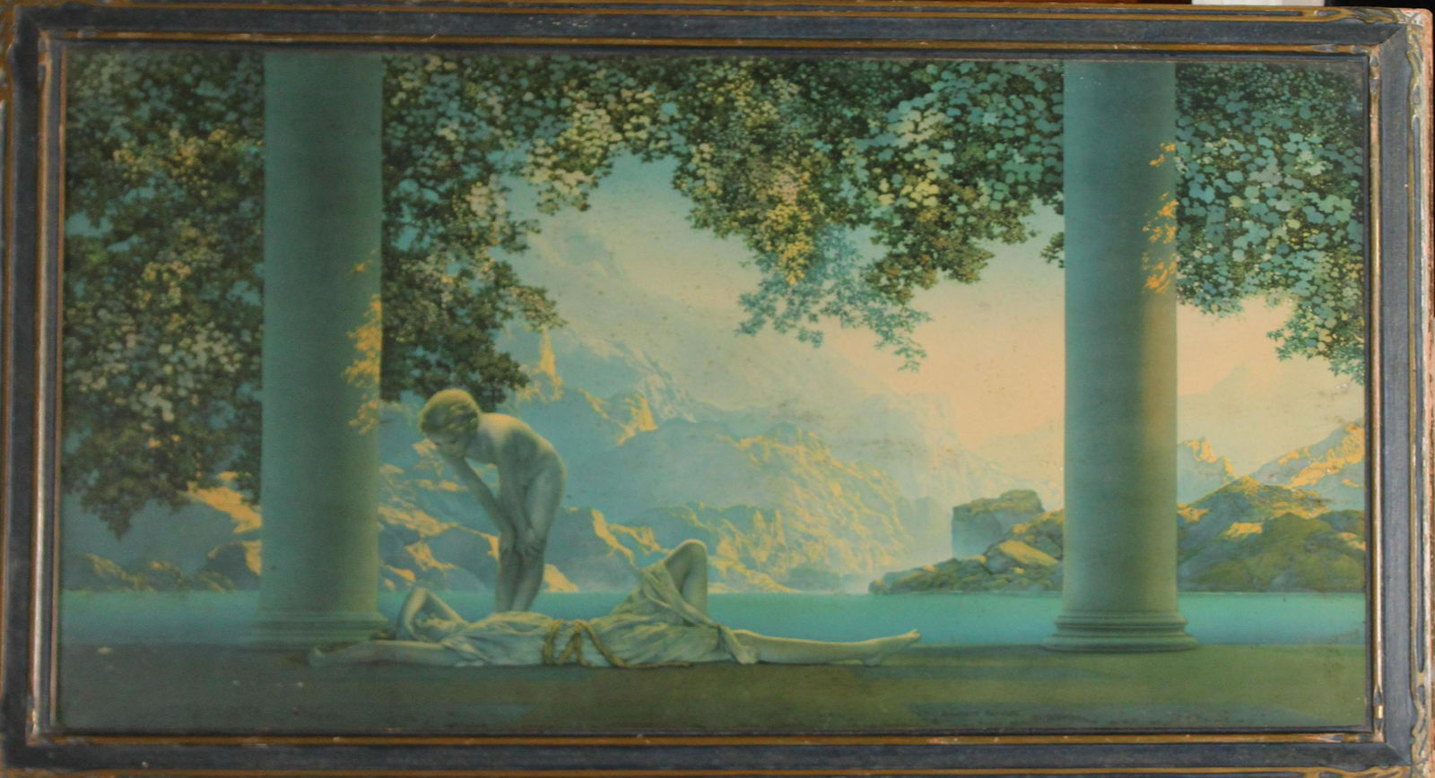 Maxfield Parrish (AM 20th c ) Daybreak: Maxfield Parrish (American 20th c ) Daybreak chromolithograph on paper signed in plate. 18 x 30"