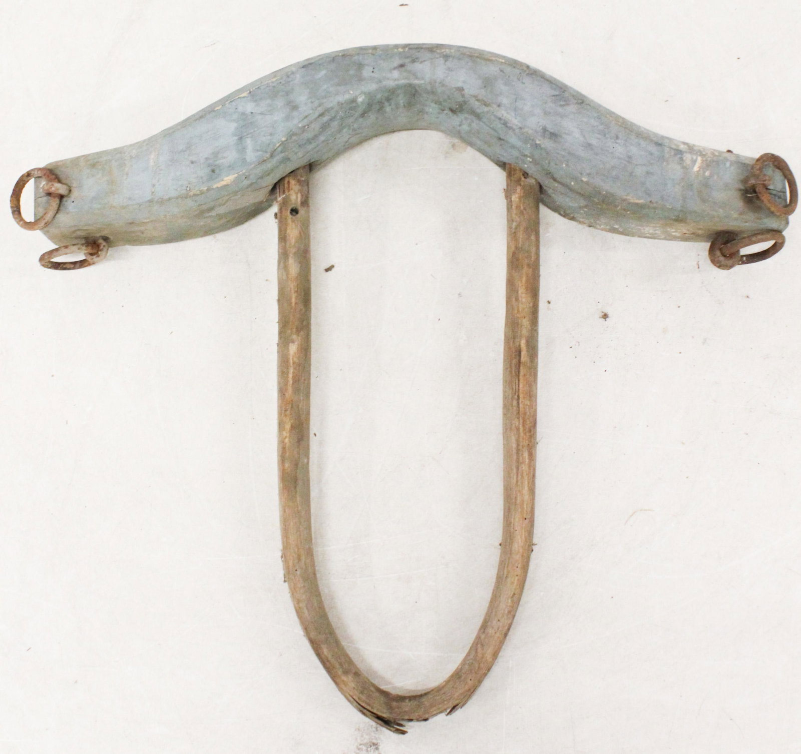 19th c Ox Yoke in old Robin's Egg Blue Paint: 19th c ox yoke in old robin's egg blue paint, length 33", ht 29"