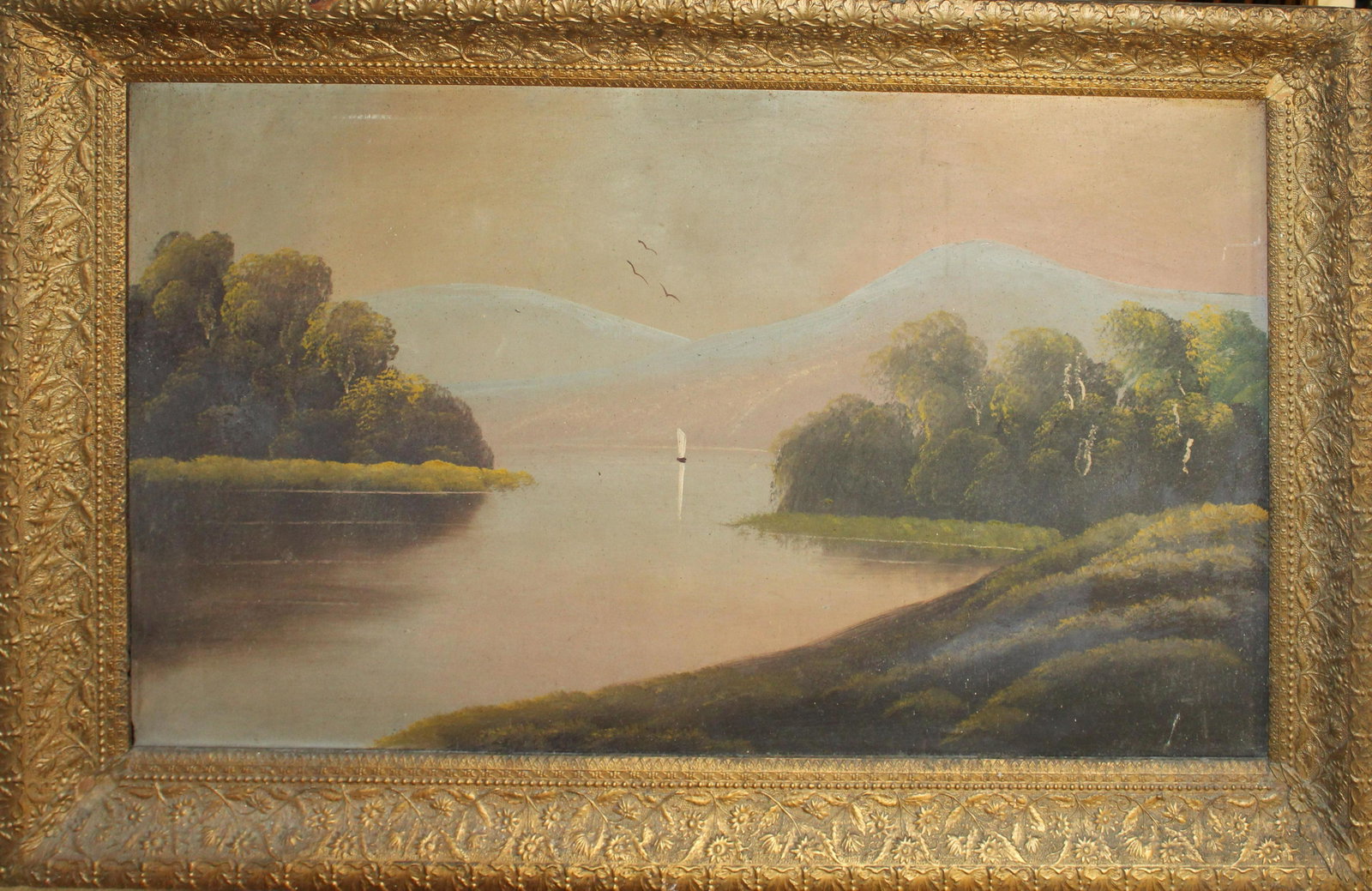 19thc Hudson River School Landscape: 19th c Hudson River School Landscape oil on canvas 24 x 36"