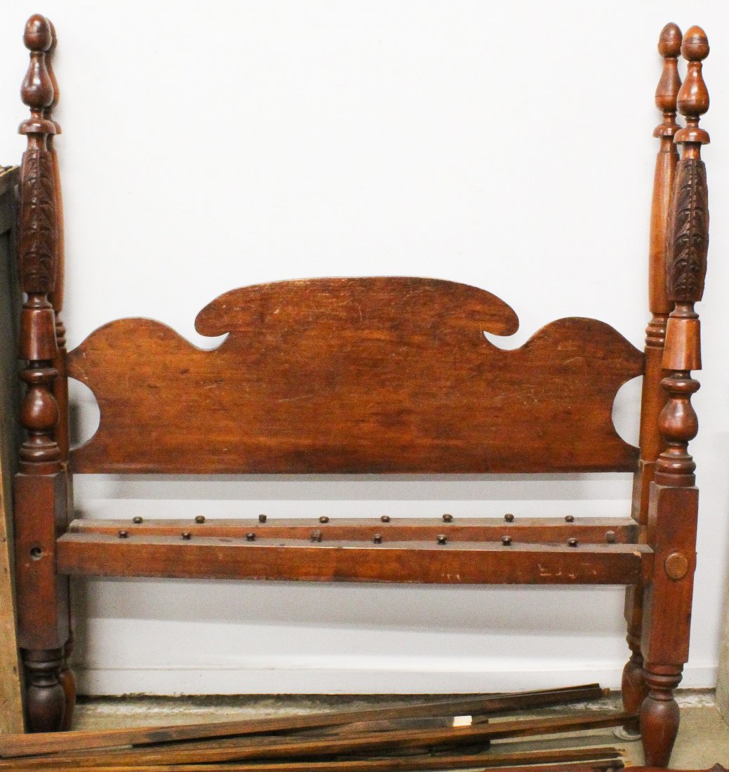 Sheraton Tall Post Bed: Sheraton 19th c tall post bed. Acanthus carved maple tall posts with acorn tops. Pine headboard. 52" tall, 52" wide. Rope bed.