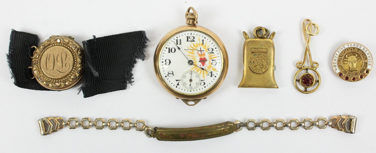 14k H P Hood Pin, Occident Flour Stanhope: 14k gold H P Hood 25 Years of Service lapel pin (3.3 grams), sold with an Occident Flour Stanhope, a plated watch, plated locket, etc