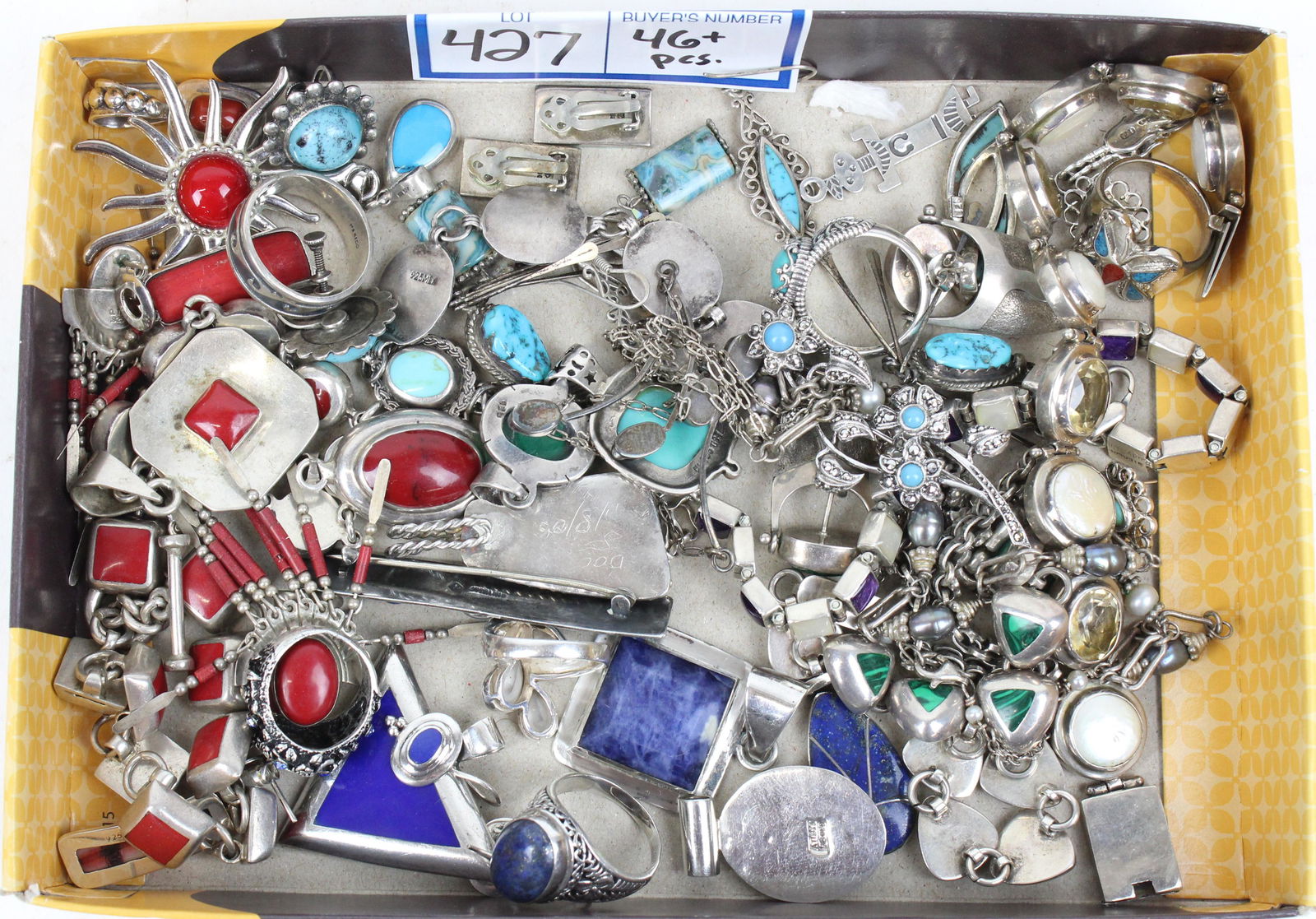 Turquoise, Coral, Lapis, Malachite Jewelry: Sterling and Turquoise, Coral, Lapis, and Malachite jewelry (46 pcs), most marked sterling