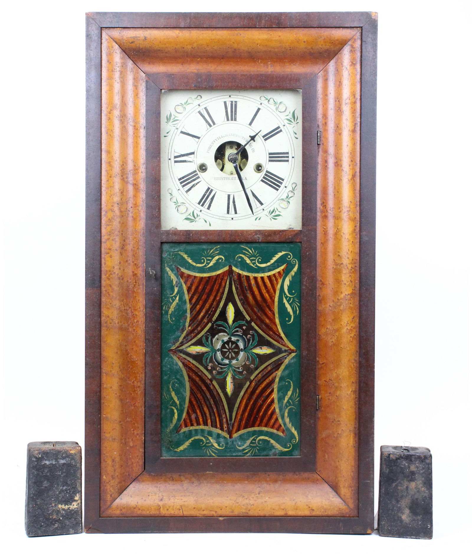 Forestville Brass Works OG Shelf Clock: Forestville Manufacturing Co., Bristol, CT birdseye maple and mahogany OG shelf clock with improved 8 day brass works, heavy iron weights, ht 30 1/4"