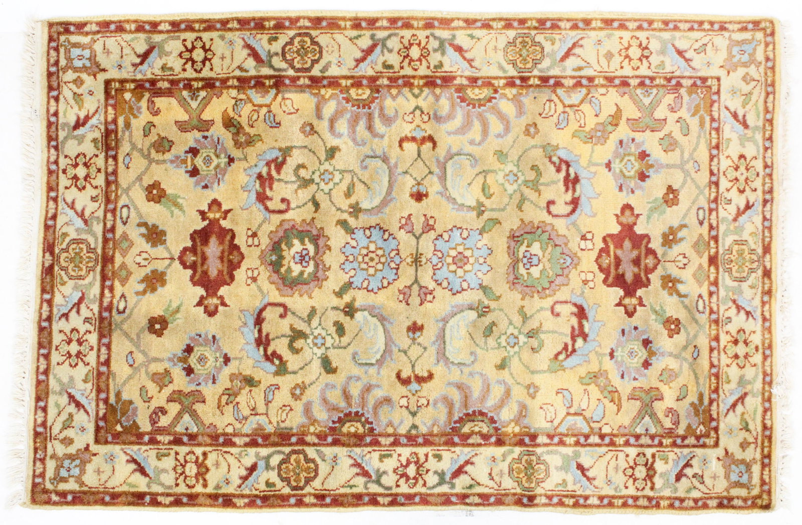 20th c Indo-Persian Area Rug: 20th c Indo-Persian area rug, older Made in India label, 4' x 5' 11"