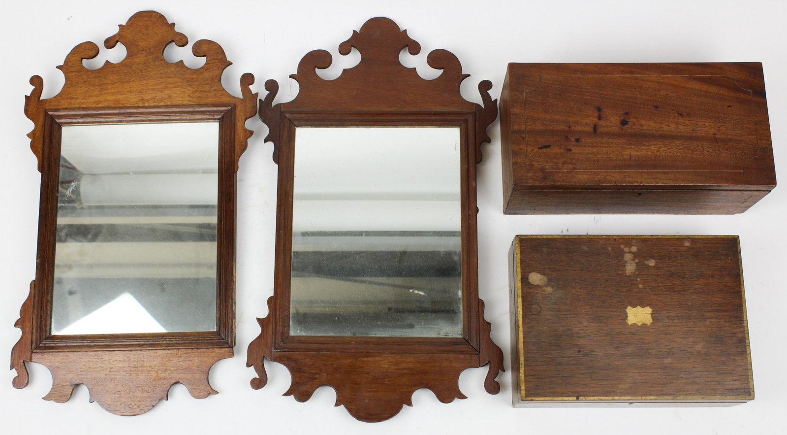 Small Chippendale Mirrors, Inlaid Box: Two small Chippendale mahogany wall mirrors, sold with a small inlaid document box and a small lap desk, hts/ lengths 10" to 20 1/2", sold to benefit the Vermont Historical Society