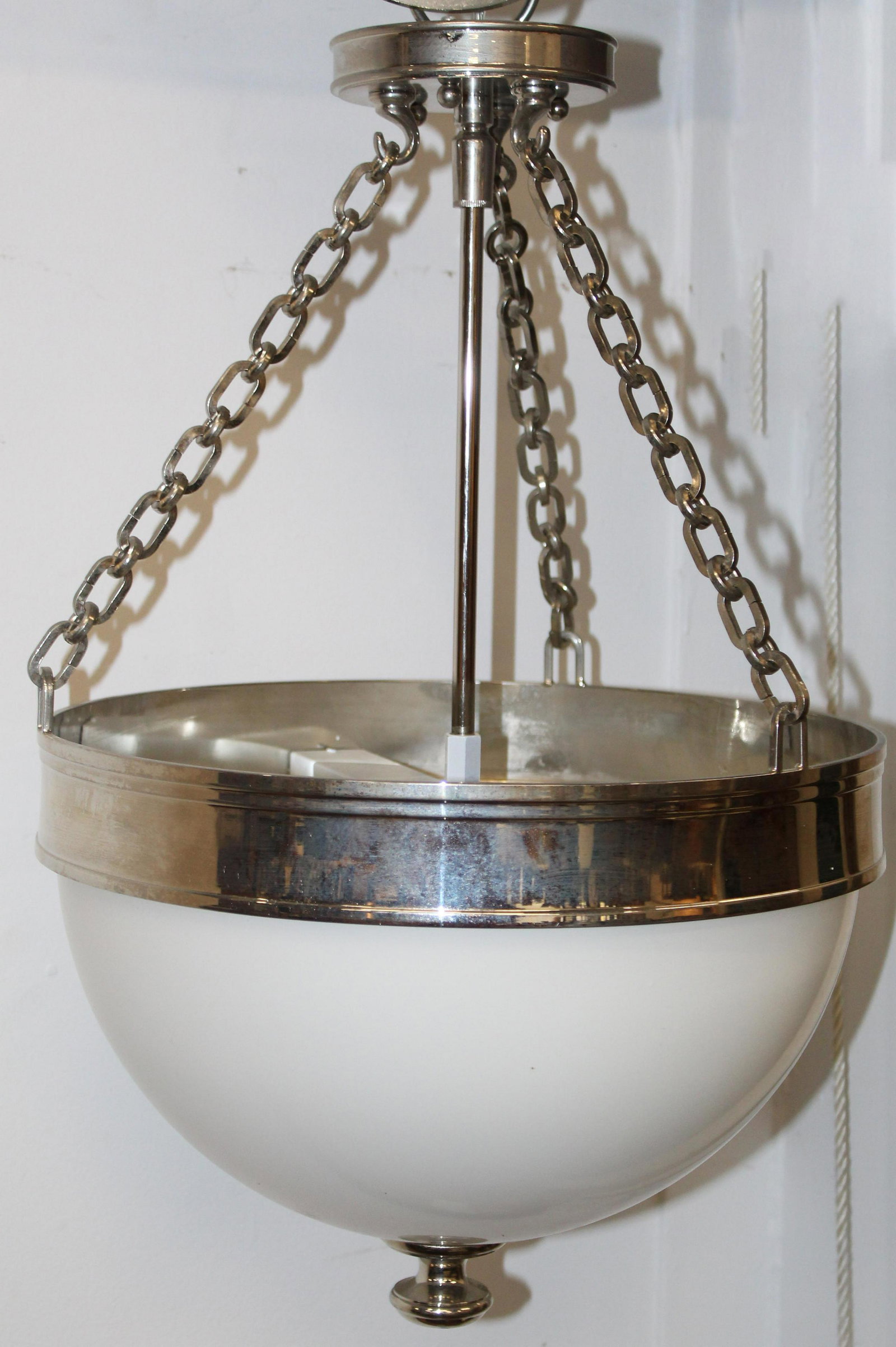 Three Hudson Valley Lighting Hanging Fixtures: Three Hudson Valley Lighting "Barrington" polished nickel hanging fixtures 23 x 14" diameter