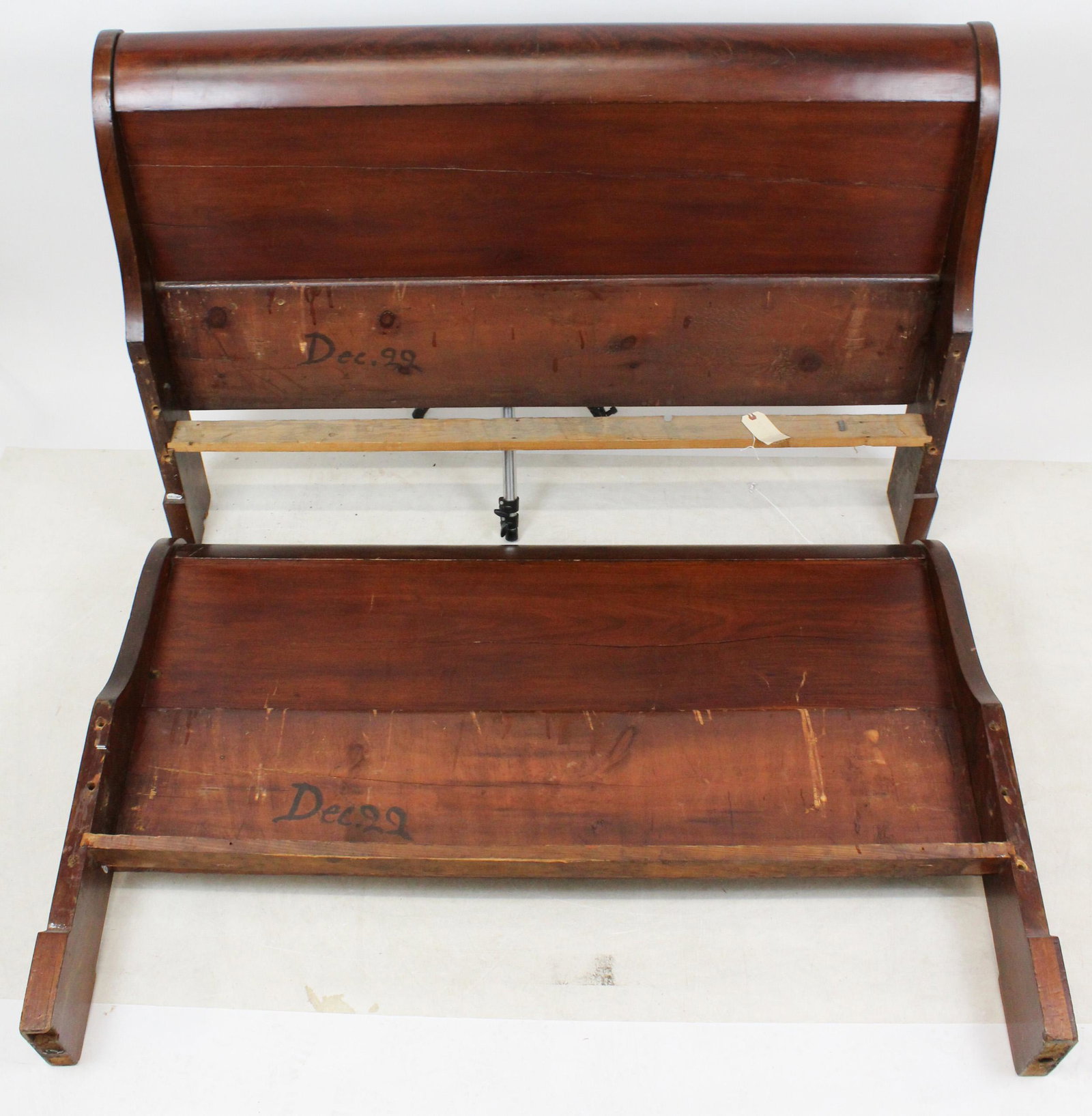 Empire e Mahogany Sleigh Bed: Empire mahogany sleigh bed. Headboard & footboard matching heights. 57" wide, 39" h.