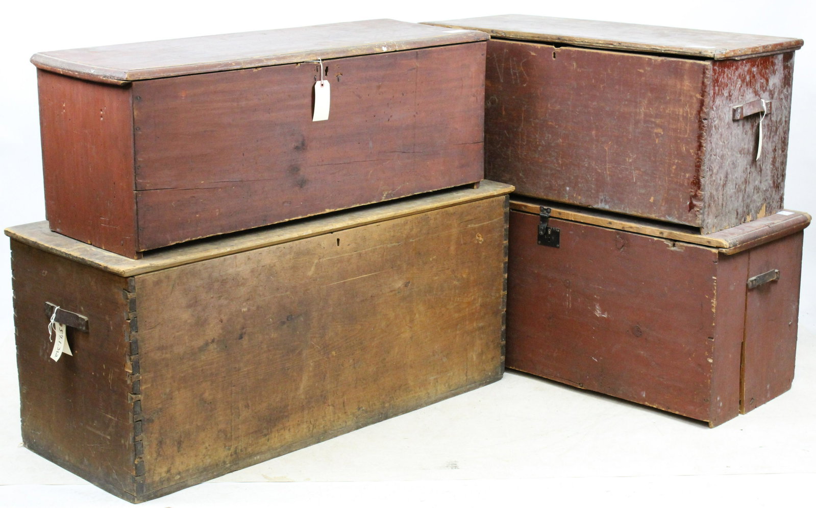 4 19th c 6 Board Blanket Chests in Original Red: A group of 4 19th c blanket boxes. All in old red paint. Largest - 49" l x 22"h, smallest 37" l x 18" h.