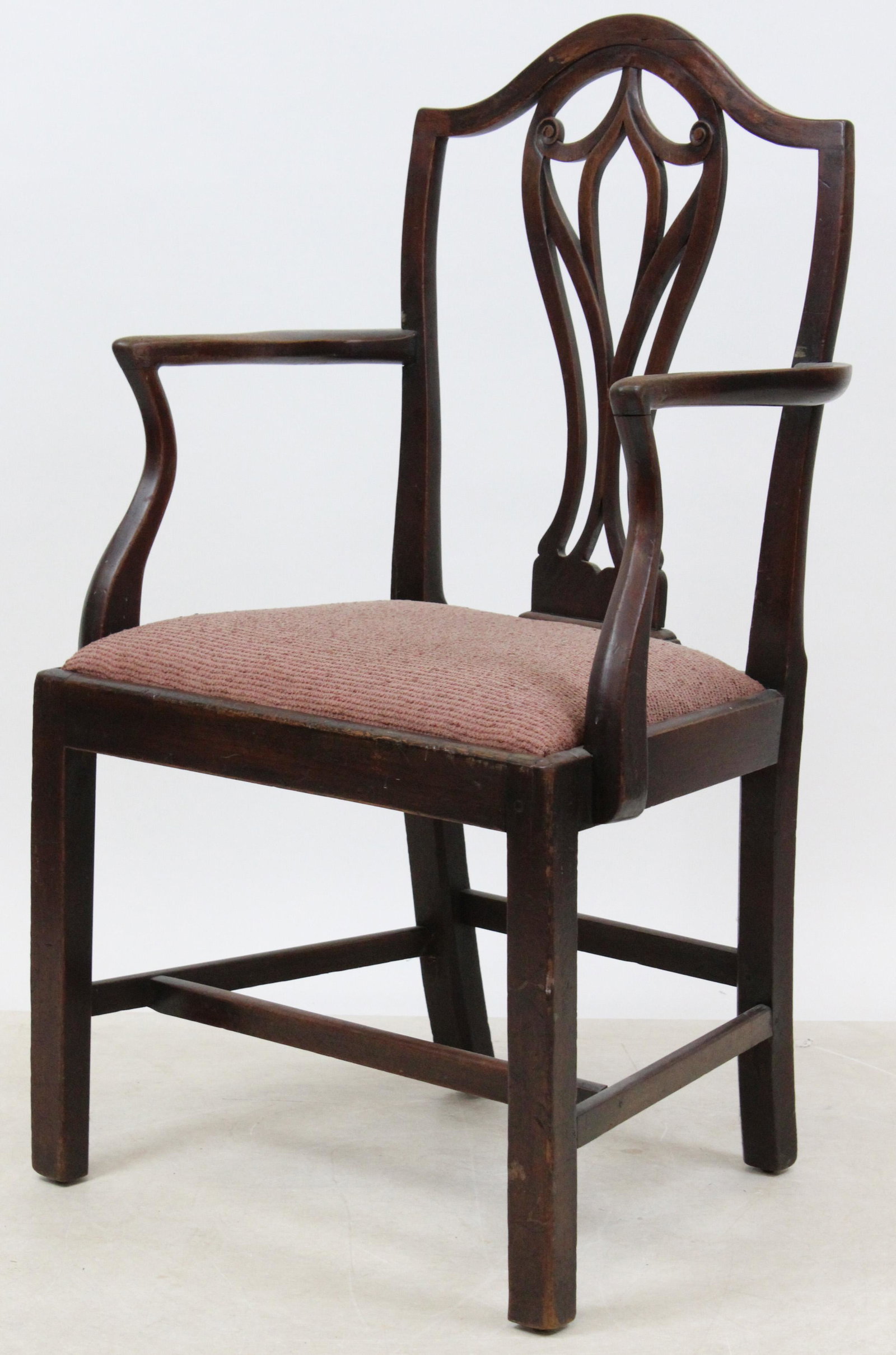 New York Chippendale Walnut Armchair: 18th c transitional Chippendale walnut armchair. Old surface, shield influenced back, original slip in seat recover. 39" h, 24" wide.