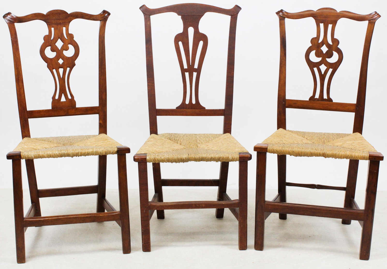 Three 18th c Chippendale Rush Seat Side Chairs: Three 18th c Country Chippendale rush seat side chairs, seat hts 16 1/2" to 17 1/2"