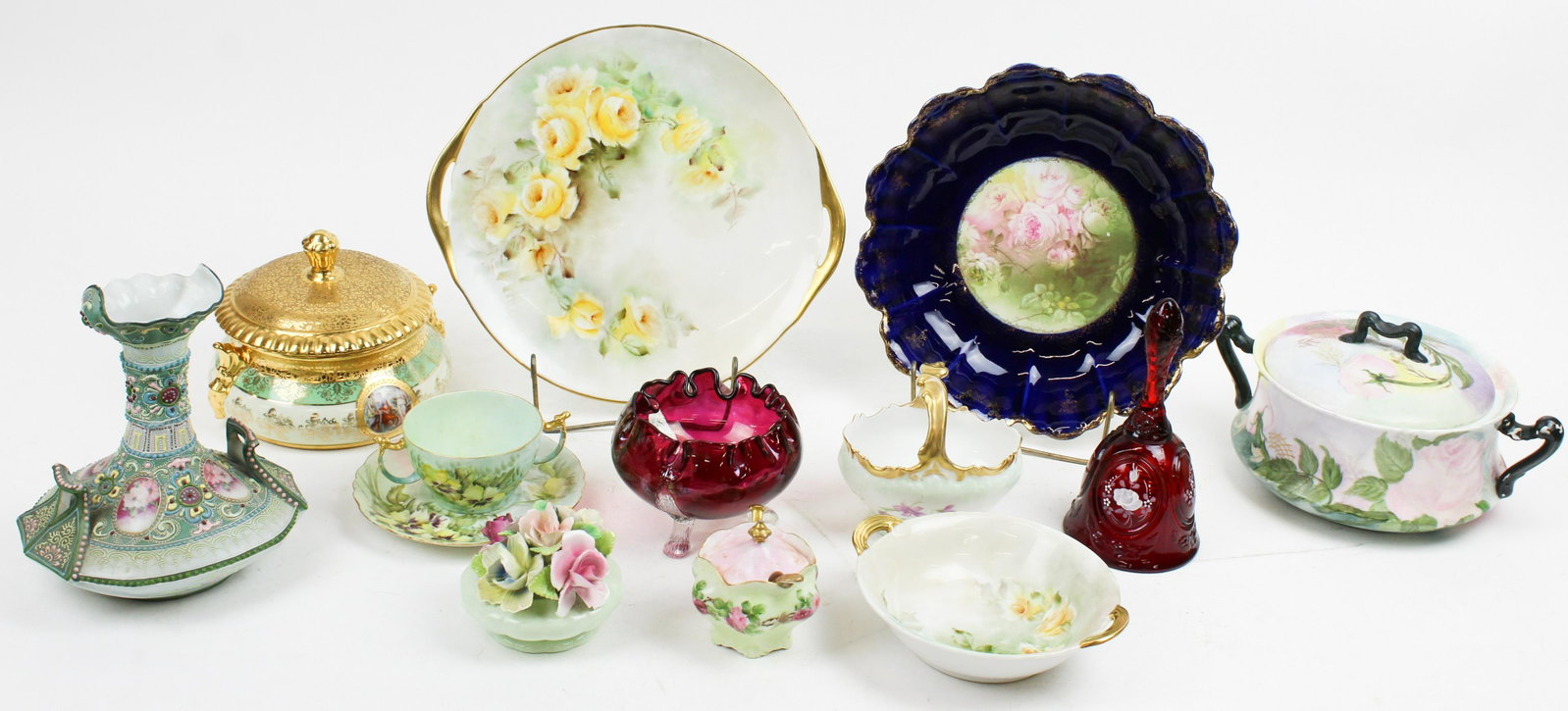 Group of Mixed Porcelain incl. Nippon, Limoges: Group of mixed porcelain including fine Nippon Moriage raised enamel decorated vase, Pickard type gilt engraved covered dish, Limoges floral handpainted covered dishes, Mal Saison Cobalt Bavarian bowl