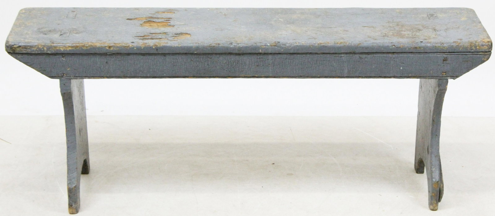 19th c Bucket Bench in Grey Paint: 19th c Bucket Bench in grey paint, 47 x 10 x 17"