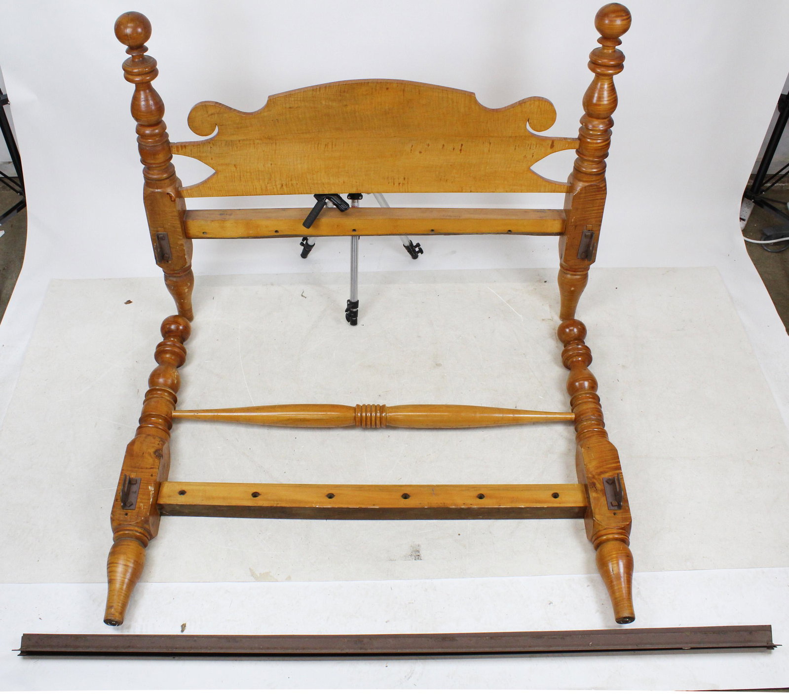 Early 19th c Tiger Maple Cannonball Bed: Early 19th c Country Sheraton tiger maple four post cannonball bed, full size, width between rails 53" (may require adjustment to fit box spring), rail length 75"