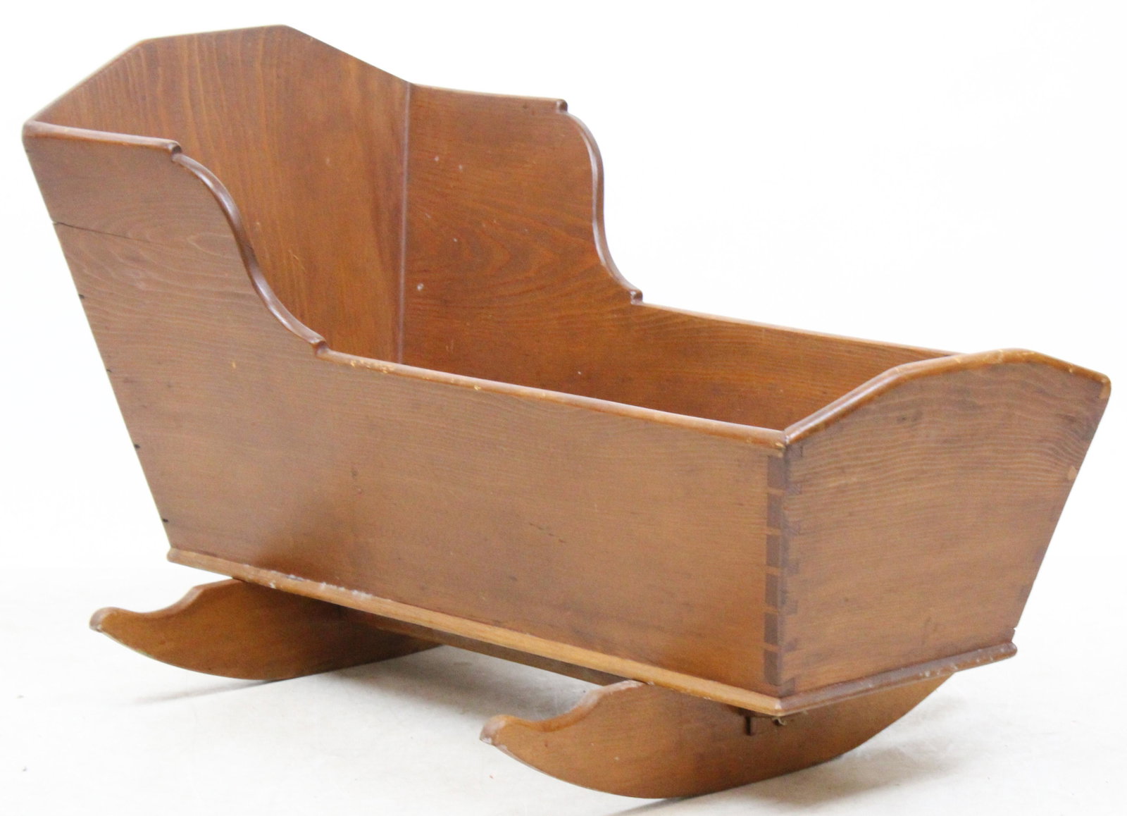 Early 19th c Pine Cradle: Early 19th c pine cradle, dovetailed construction, rockers and lower stretcher replaced, length 39"