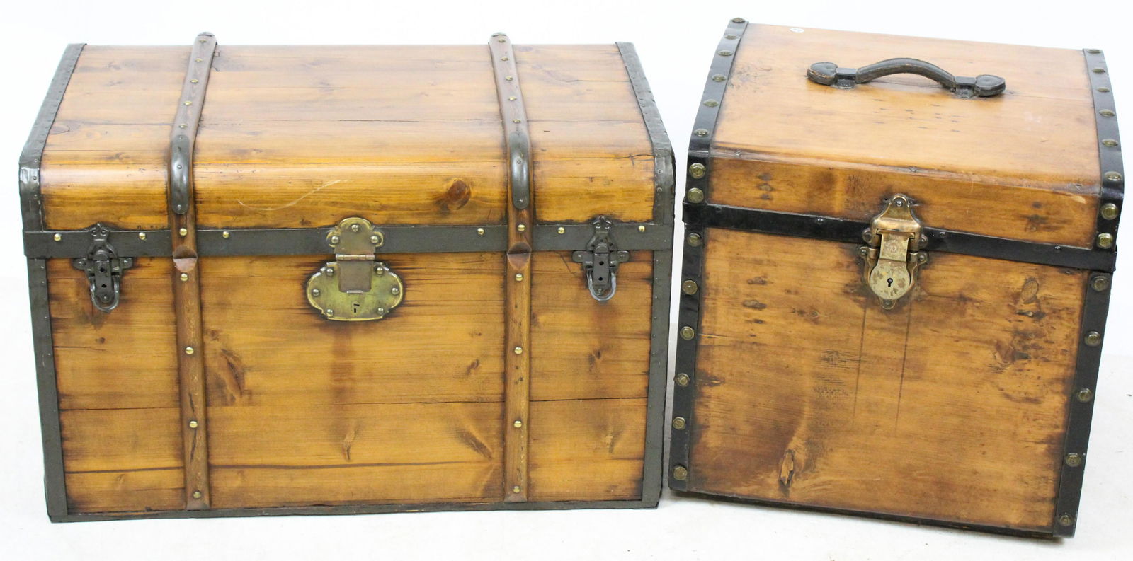 Late 19th c Pine Half Trunk and Trunk: Late 19th c refinished pine half trunk, sold with a full size refinished pine trunk (hinges loose), lengths 20", 30 1/2"