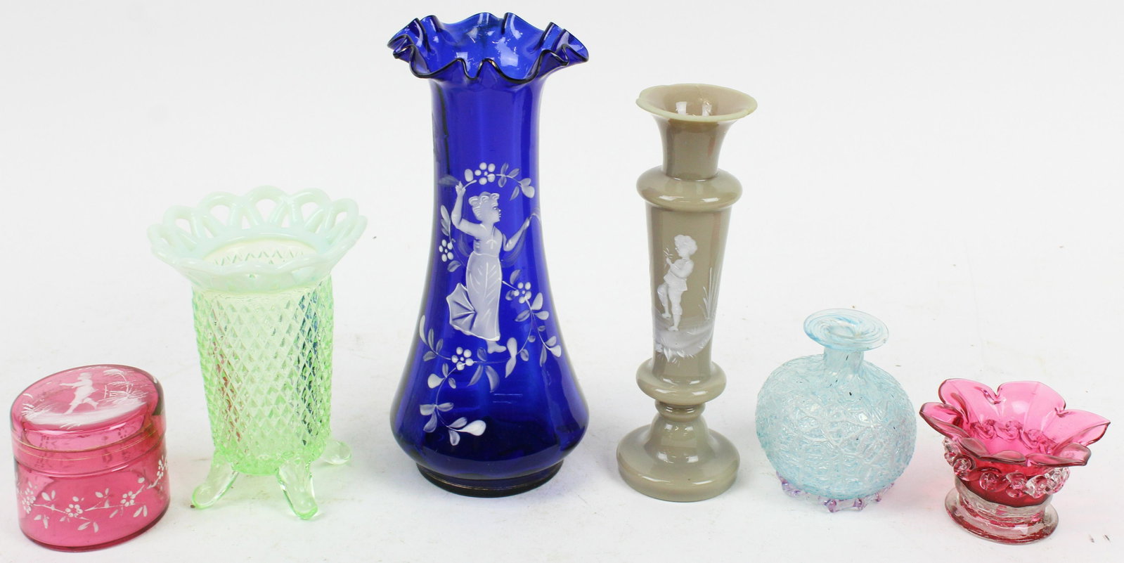 6 pcs. Victorian Glassware including Mary Gregory: Group of 6 pcs. of Victorian style colored glass including green opalescent vase with lace edge, cranberry covered dresser jar with Mary Gregory type decoration, cobalt vase with Mary Gregory style de
