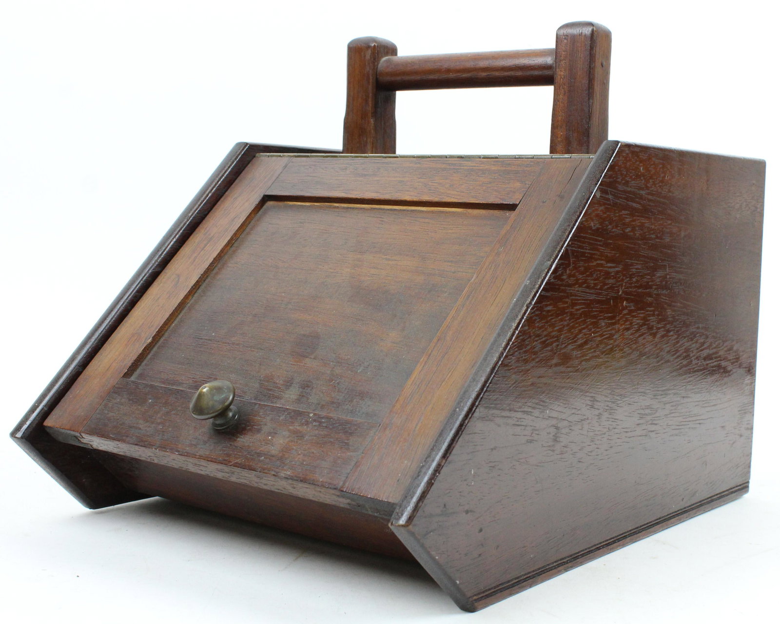 Peat Box with Brass Tongs, Peat, etc: Early 20th c mahogany peat box with brass tongs, peat, etc, 12" x 16" x 9 1/2'