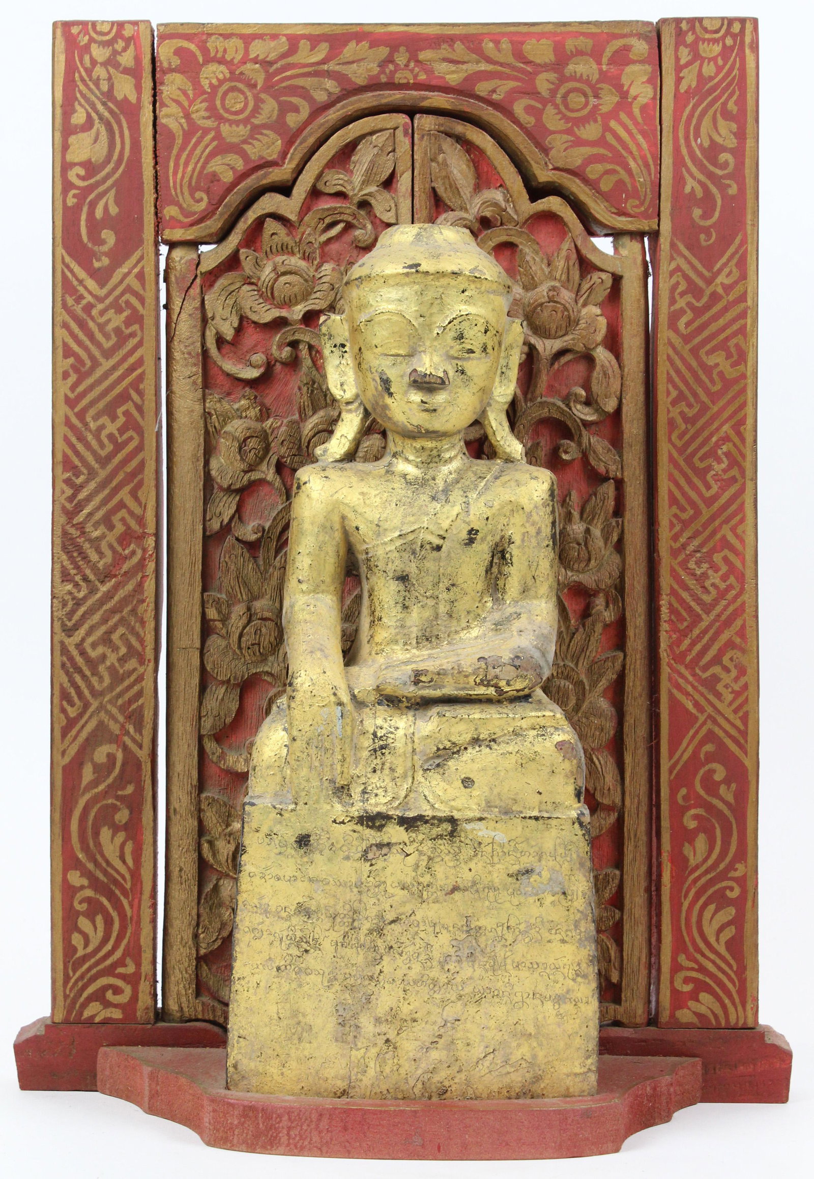 Asian Carved Gilt Wood Buddha Figure: Old Asian carved and gilt wooden Buddha figure, mounted on shrine with pair of early hand carved doors, descending from Albert Shaw (1857- 1947), Author, Historian, Editor of the Review of Reviews, me