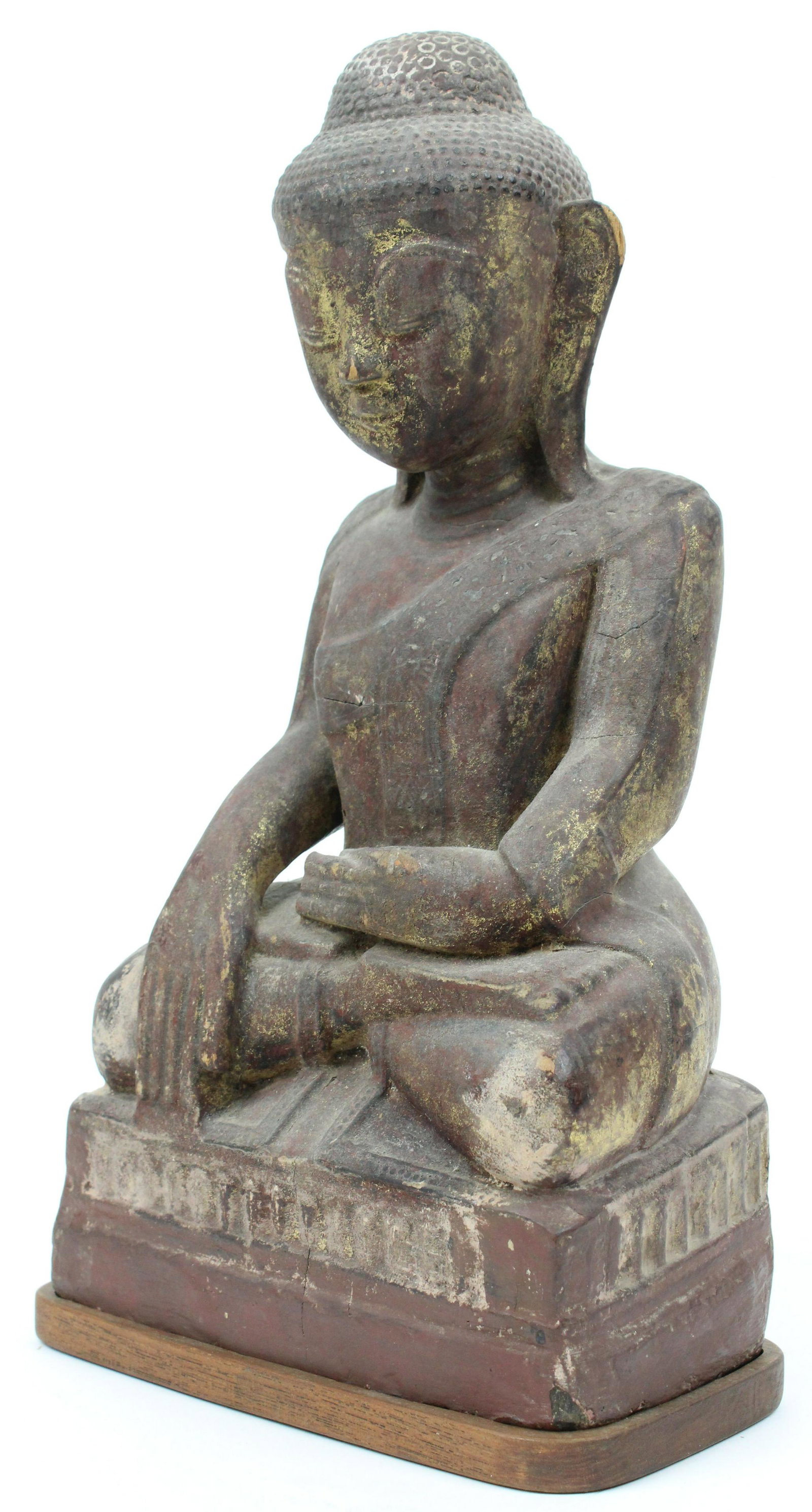 Early Asian Carved Wooden Buddha Figure: Early Asian Buddha figure, carved wood coated with a thick layer of bitumen, descending from Albert Shaw (1857- 1947), Author, Historian, Editor of the Review of Reviews, member of the American Antiqu