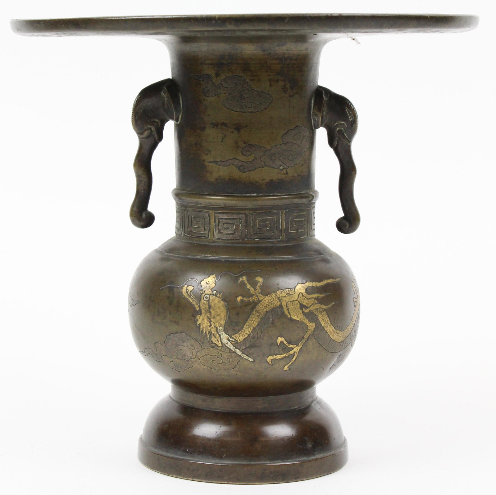 Chinese Bronze Vessel with Gold Dragon: Chinese Ch'ing Qing dynasty bronze vessel with applied mixed metals, gold and silver dragon, six character reign mark in the casting on the base, silver inlaid clouds on upper tazza, descending from A