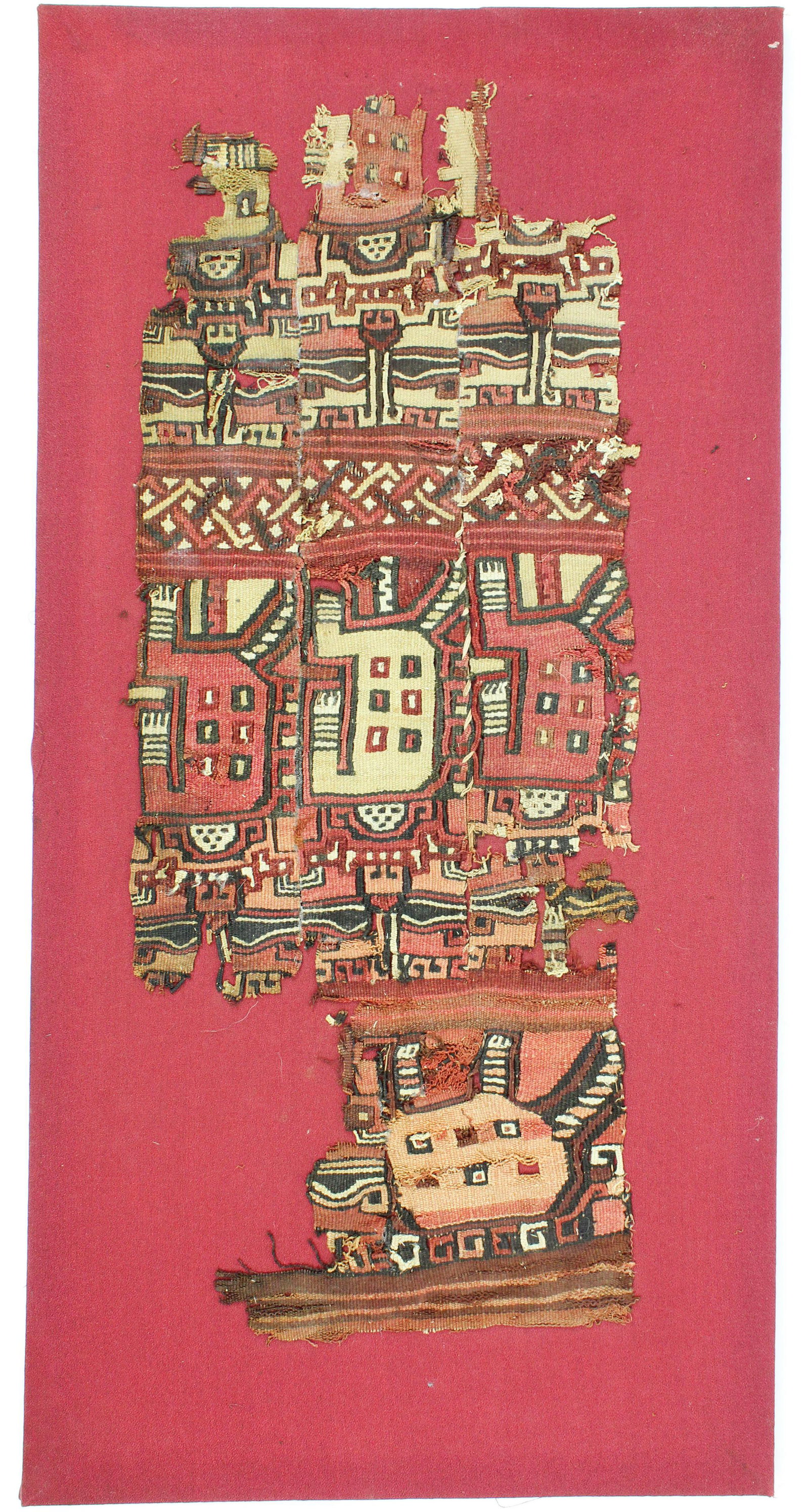Outstanding Pre-Columbian Textile Fragment: Outstanding Pre-Columbian textile fragment, stitch mounted on cloth, with printed paper label "Dr. Junius B Bird, American Museum of Natural History New York 24, New York" (Junius Bouton Bird (1907â�