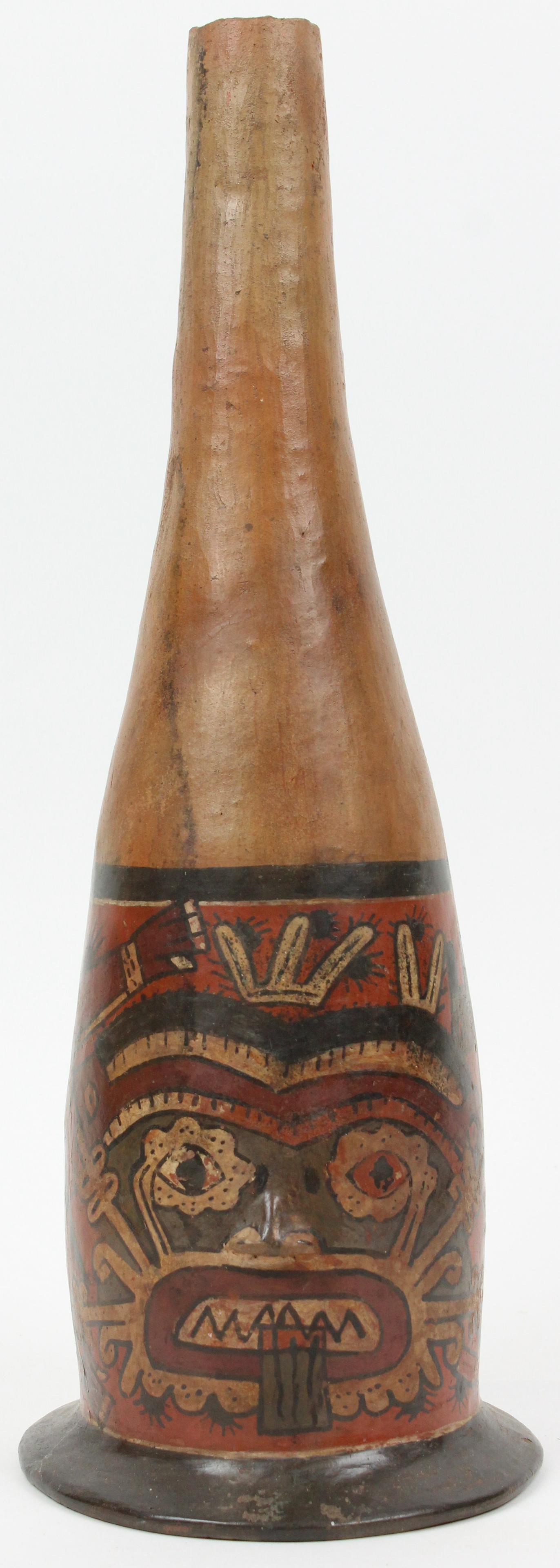 Pre-Columbian Nazca Pottery Vessel: Pre-Columbian Peruvian Nazca polychrome pottery vessel, decapitator with swallowed heads, descending from Albert Shaw (1857- 1947), Author, Historian, Editor of the Review of Reviews, member of the Am