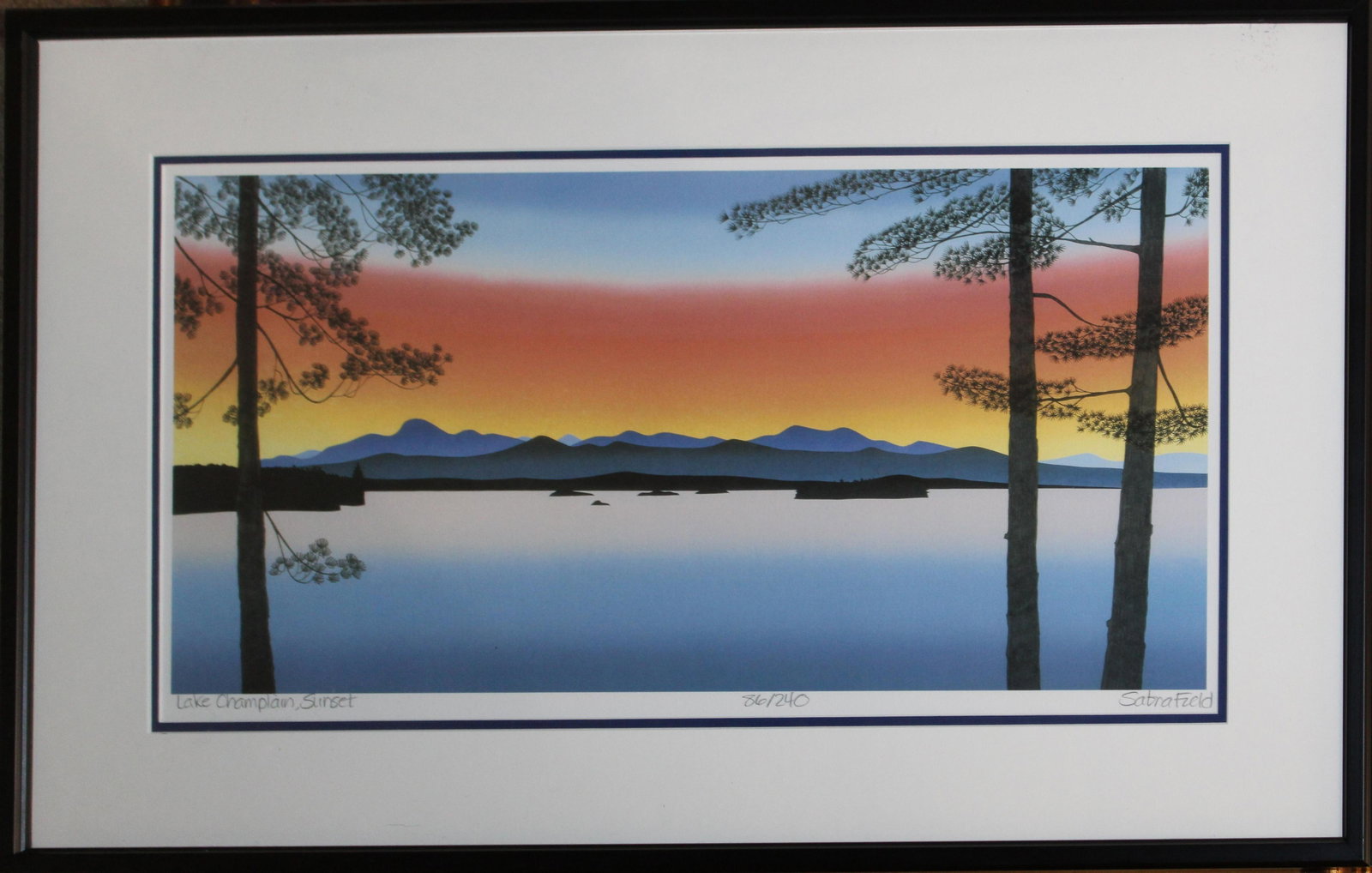 Sabra Field (VT 1935-) Lake Champlain Sunset: Sabra Field (Vermont 1935-) Lake Champlain Sunset 86/240 Iris Print 10 x 20" signed titled and editioned lower margin