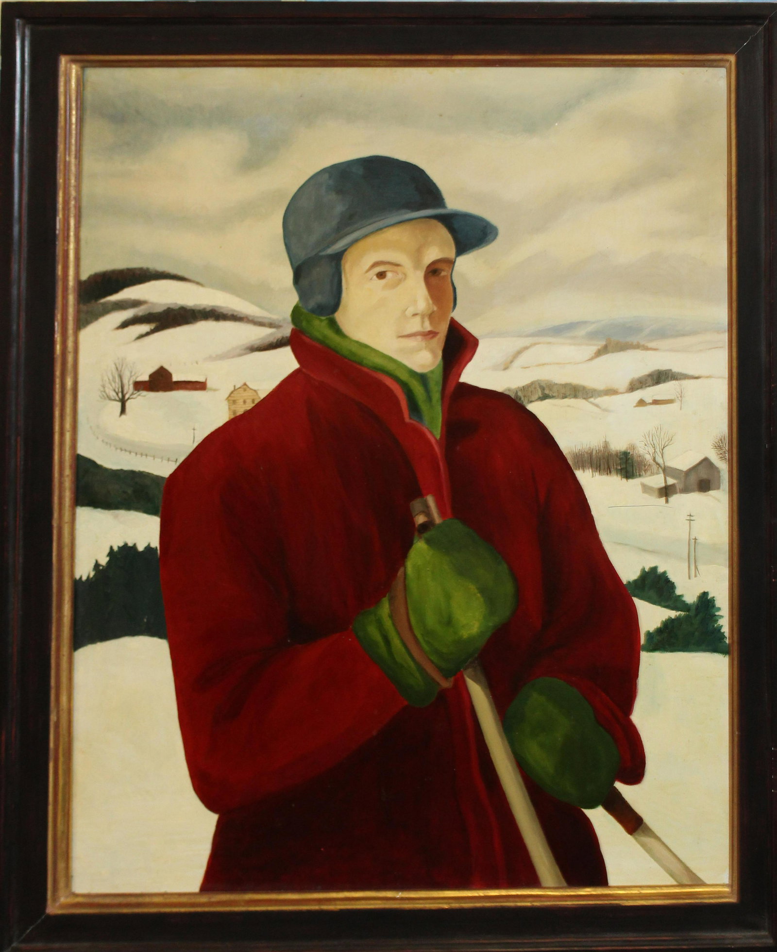 Circa 1930 Regionalist Portrait of A Skier: Circa 1930 Regionalist/WPA School Portrait of a Skier in a red tog coat in a Vermont landscape oil on canvas - unsigned in later frame 21 x 28"