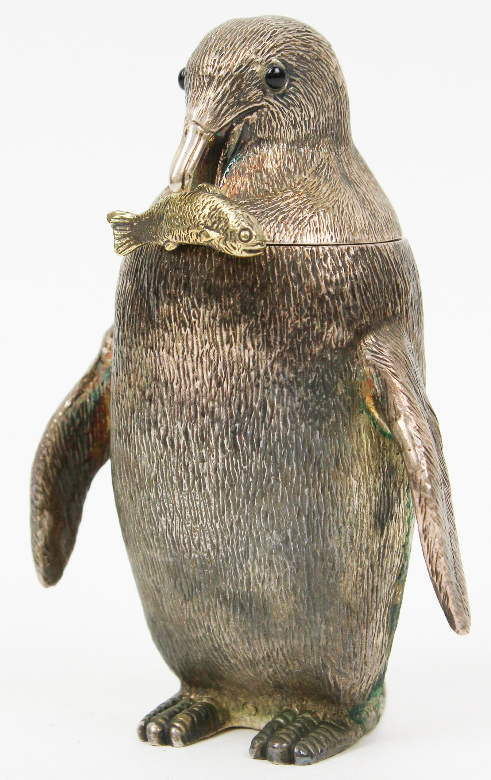 Wm. Comyns Sterling Figural Penguin Mustard Pot: Fine 1961 Wm. Comyns London Sterling Silver penguin form figural novelty mustard pot having glass eyes, gold wash vermeil interior, and accompanying fish handled spoon 5" x 3.5" 13.1 troy oz.