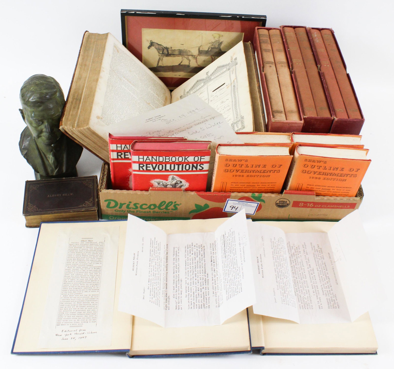 Albert Shaw Archive of Books, Letters, Bronze: Albert Shaw (1857- 1947 Journalist, Author, Historian, Editor of the Review of Reviews, member of the American Antiquarian Society) archive of books-two with tls (typed letter signed), loose tls lette