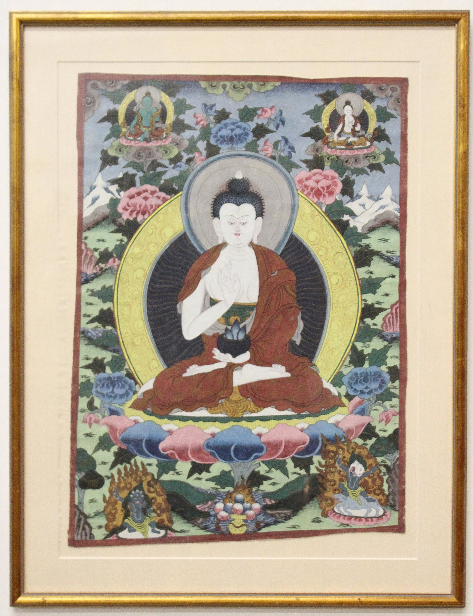 20th c Tibetan Buddhist Thangka: 20th c Tibetan Buddhist Thangka painted on silk, framed, image size 23" x 17"