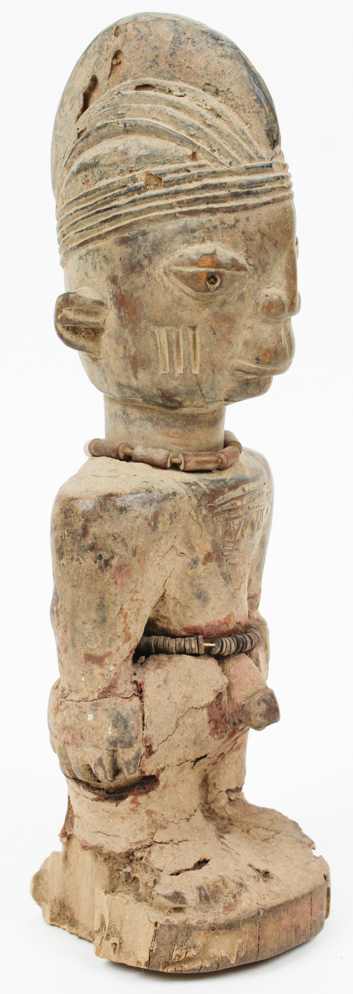 19th c Yoruba Tribal Carved Wooden Figure: 19th c Yoruba Western Africa Tribal carved wooden figure, stone beads, base losses, weathering commensurate with age and use, ht 11"