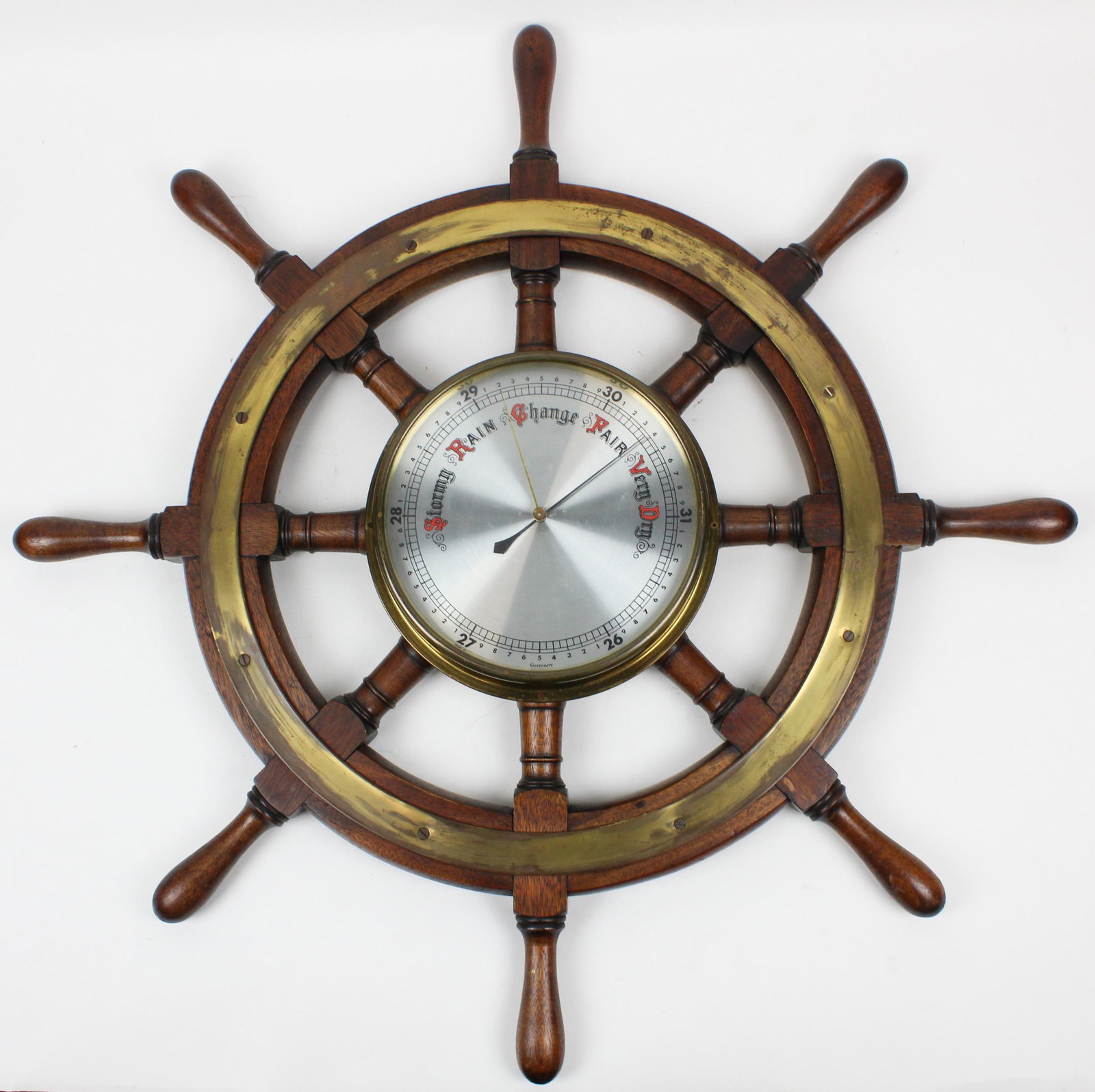 Large German Ship's Wheel Barometer: Large 20th c German "Ship's Wheel" mounted barometer, dial marked Germany, diameter 31"