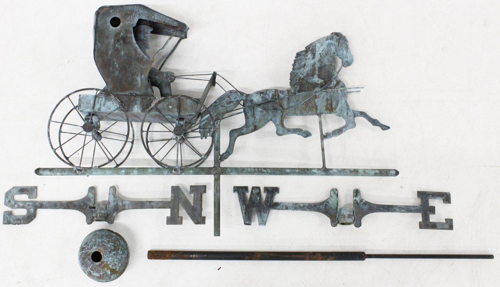 Ferro Horse and Carriage Weathervane: 20th c "Horse and Carriage" weathervane, Ferro Weathervanes, Warren RI, length 28 1/2", sold with rod and directionals