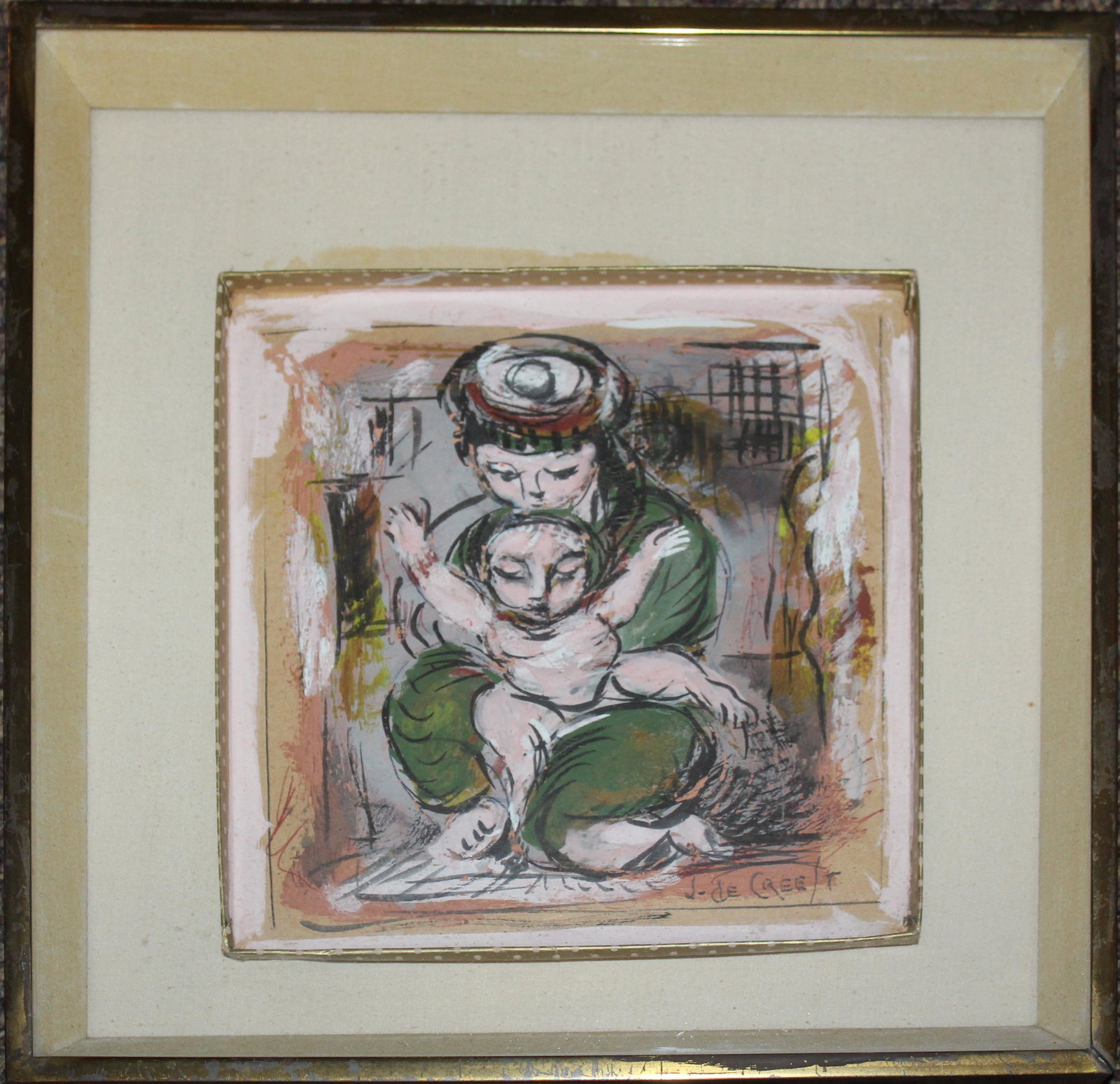 Jose De Creeft (AM 1884-1982) Madonna and Child: Jose De Creeft (American 1884-1982) Madonna and Child gouache on boxboard signed lower right presented in shadow box 8 x 8"