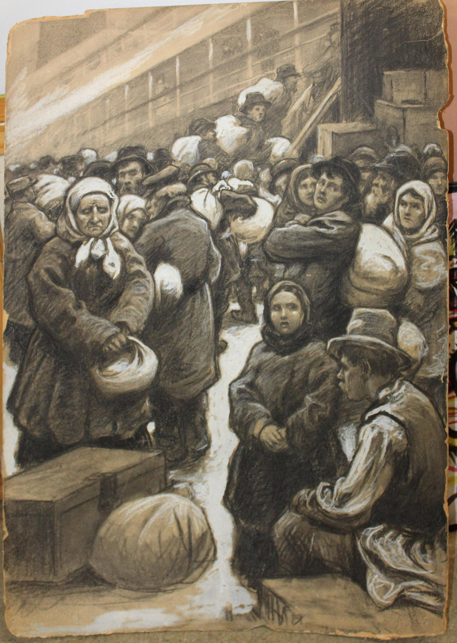19th c Pastel on paper of Immigrants boarding a ship: 19th c Pastel on paper of immigrants boarding a ship unsigned 21 x 29" Tag Reverse indicating S Ivanowski (Possibly Sigismund Ivanowski 1875-1944)
