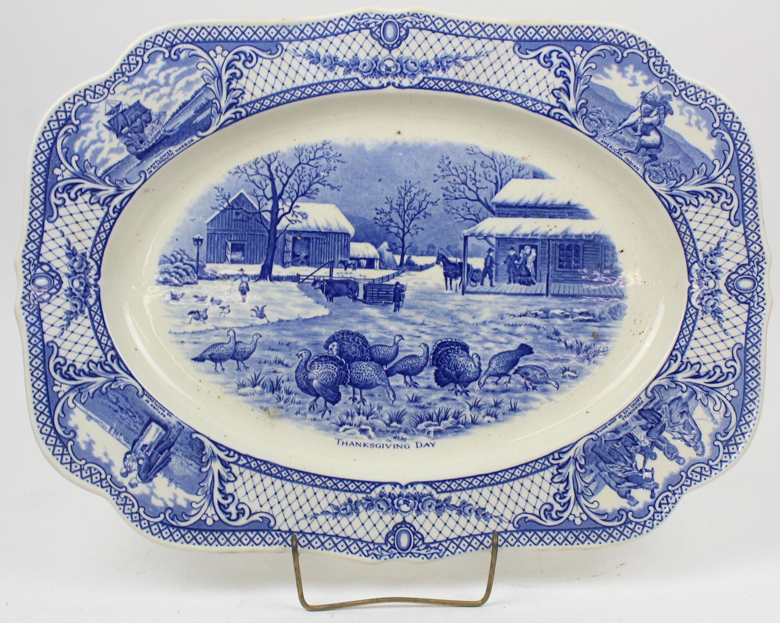 Crown Ducal Thanksgiving Porcelain Platter: Crown Ducal England "Thanksgiving Day" cobalt blue transfer decorated turkey serving platter, having scenic cartouches 15.5" x 20.5"