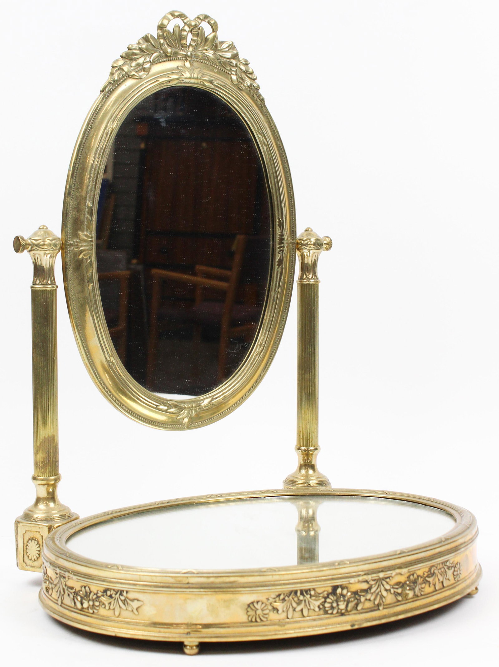 20th c Brass Dresser Tray with Mirror: 20th c brass dresser tray with mirror, length 14", ht 18"