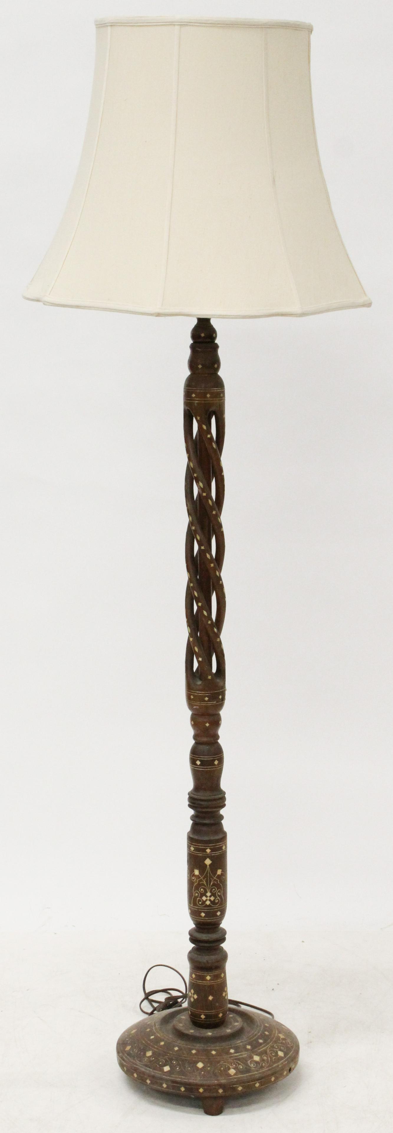 Mid 20th c North African Inlaid Floor Lamp: Mid 20th c North African carved wooden floor lamp, bone inlay, overall ht 65"