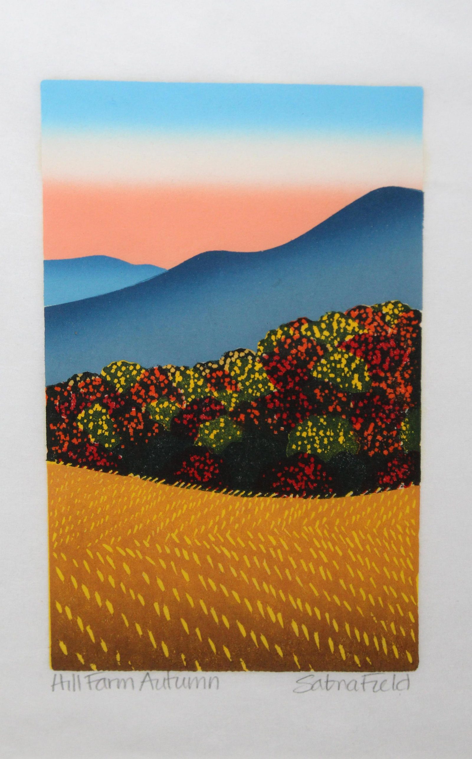 Sabra Field (VT 1935-) Hill Farm Autumn: Sabra Field (Vermont 1935-) Hill Farm Autumn woodblock on paper signed by field lower margin 10 x 5"