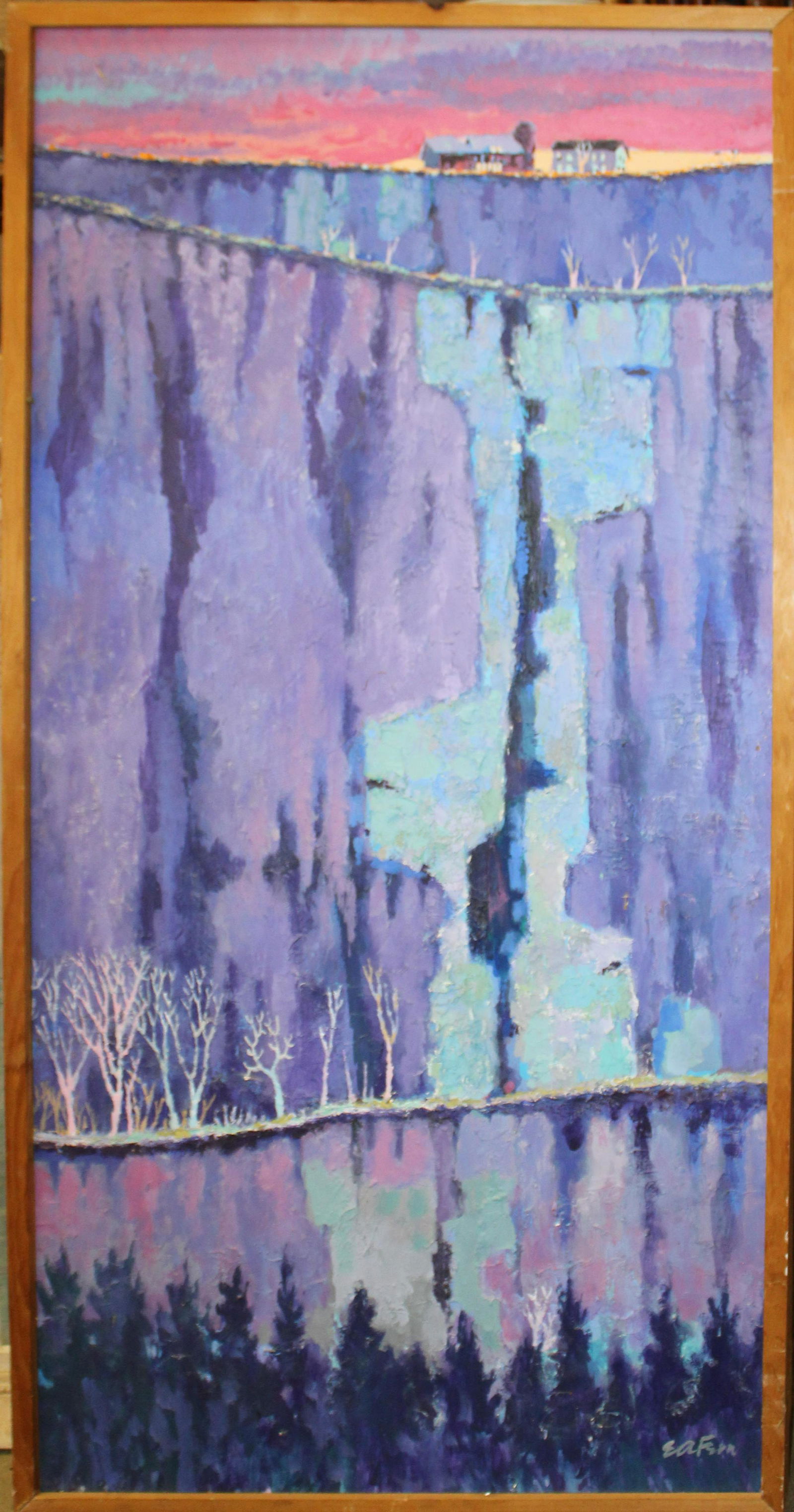 EA Fern (VT 1920-1987) Quarry Sunset: EA Fern (Vermont 1920-1987) Quarry Sunset oil on masonite with heavy impasto painting. Signed lower right 24 x 48" Eugene A Fern was the well known author and illustrator of such books as Pepito's Sto