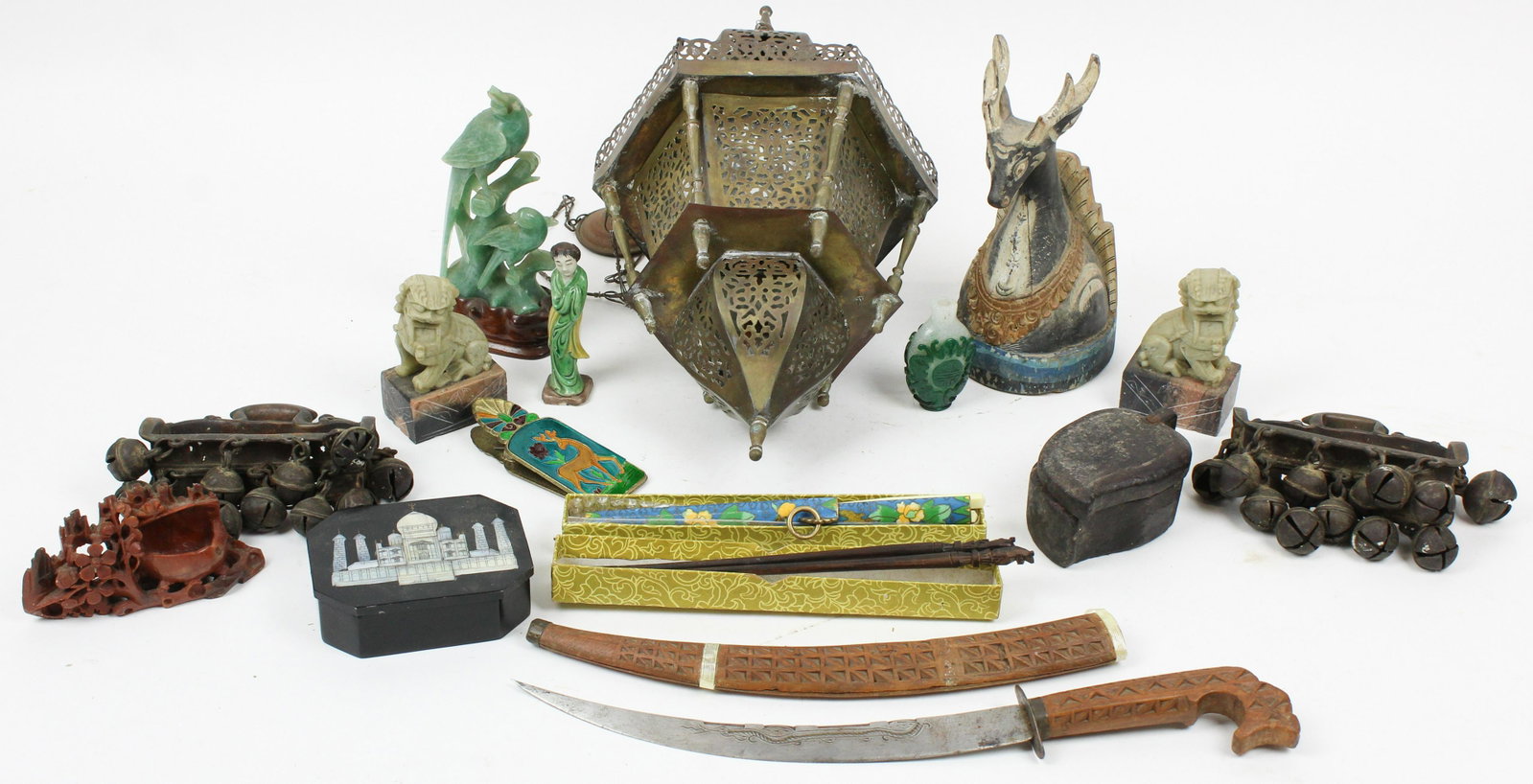 Indo-Persian and Chinese Accessories: Indo-Persian and Chinese accessories including India stirrups with bells, carved hardstone foo dogs, brass censer, etc