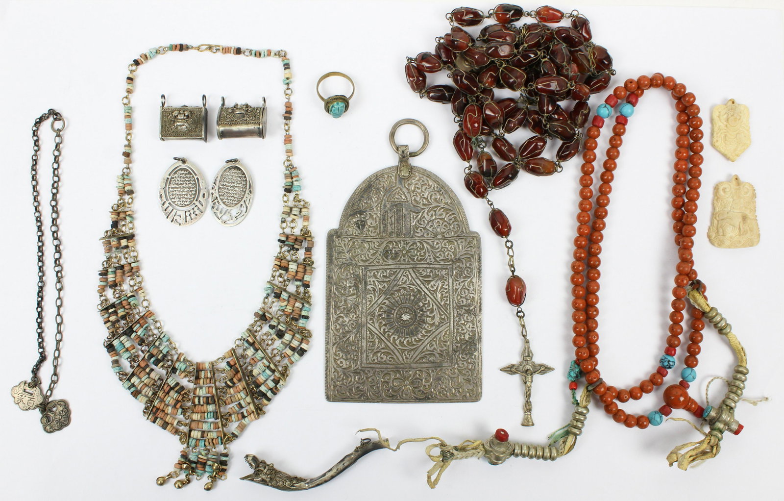 Ethnographic Jewelry, Rosary: Ethnographic jewelry, Catholic rosary, including silver plaque