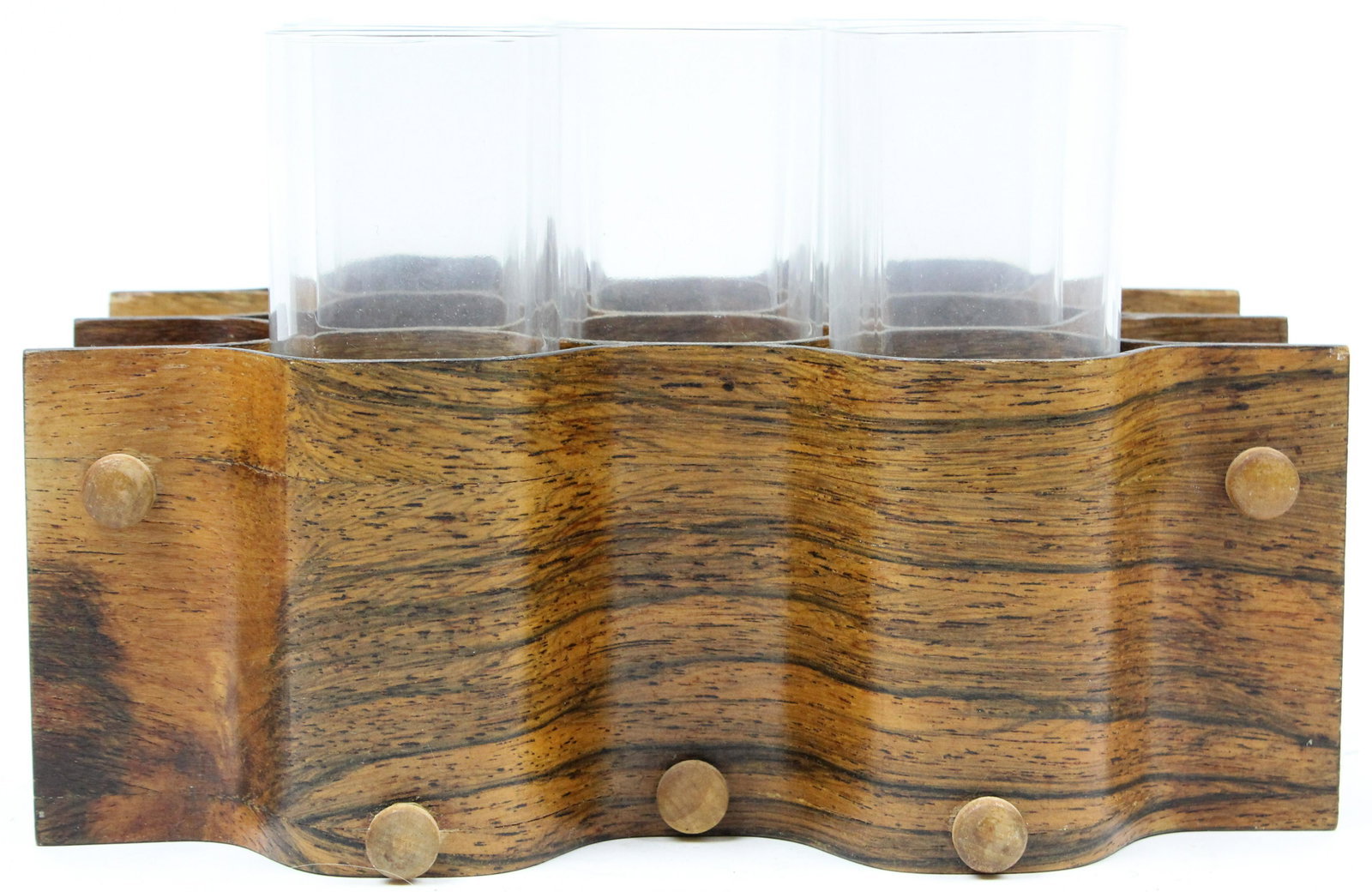 Mid Century Bentwood Glass Tumbler Holder: Mid 20th c bentwood glass tumbler holder, sold with 8 Crate and Barrel Strauss Cooler glasses