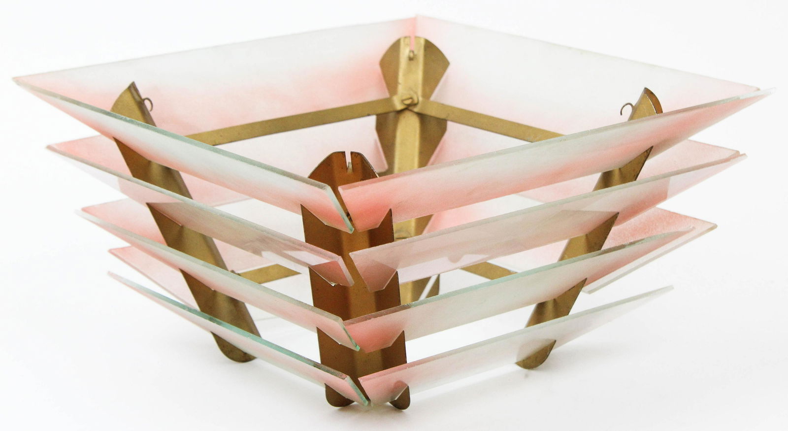 Art Deco Glass & Chrome Ceiling Light Fixture: ca 1940's Art Deco glass & chrome ceiling light fixture shade, one tinted glass insert, other pieces missing, 12" x 12" x 6 1/2"