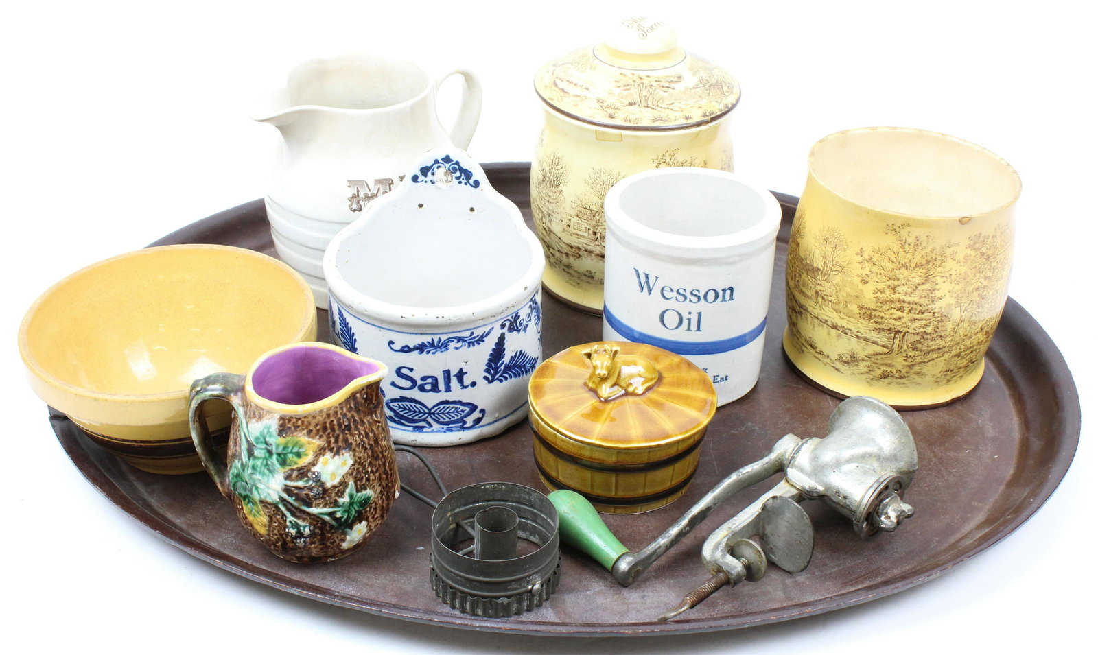 Group of Kitchen Pottery and Collectibles: Group of vintage kitchen pottery and collectibles including blue decorated stoneware salt crock, Wesson Oil advertising utensil crock, banded yelloware bowl, Blue Boar porcelain tobacco humidor, small